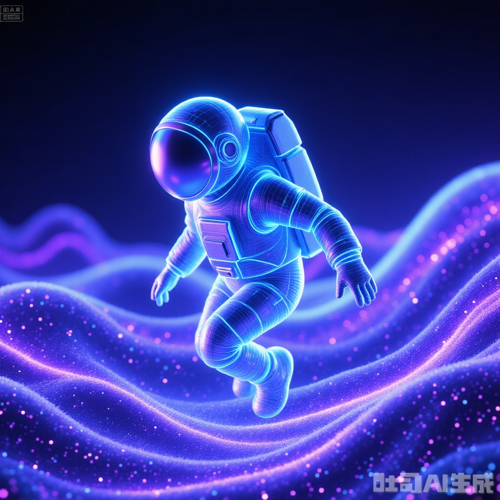 Dots of many blue-violet neon points outline the contour of an astronaut floating in a neon-dotted wave, close-up, with graininess, thickness, clear details, dark background, transparency, trailing shadows, ethereal, beautiful, high-definition, light and shadow particles illustration. A highly visually impactful poster, beautiful wallpaper.. On one side of the studio,there is an advanced virtual reality simulation room where designers wear VR devices and experience the usage effects of products in different scenarios through ultra-realistic product simulation programs driven by AI,providing a basis for optimizing product design. The entire scene is immersed in an environment filled with technological lighting,creating an efficient and highly creative atmosphere of AI-assisted product innovation design,as if from a science fiction movie.,,"Holographic"