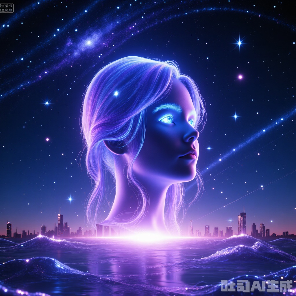  1 girl, lovely, long hair, closeup, portrait, upper body, face from left side, on the sea, under the starry sky, the sea reflects the starry sky, rainbow color light reflected on the girl's face, sparkling lights, magical atmosphere, pointillism, Silhouette view, Cosmic wonders, Mysterious and colorful, nebula light, cosmic light, galactic light, Astronomical view, Macroscopic perspective, perspective view, masterpiece,"Holographic"
