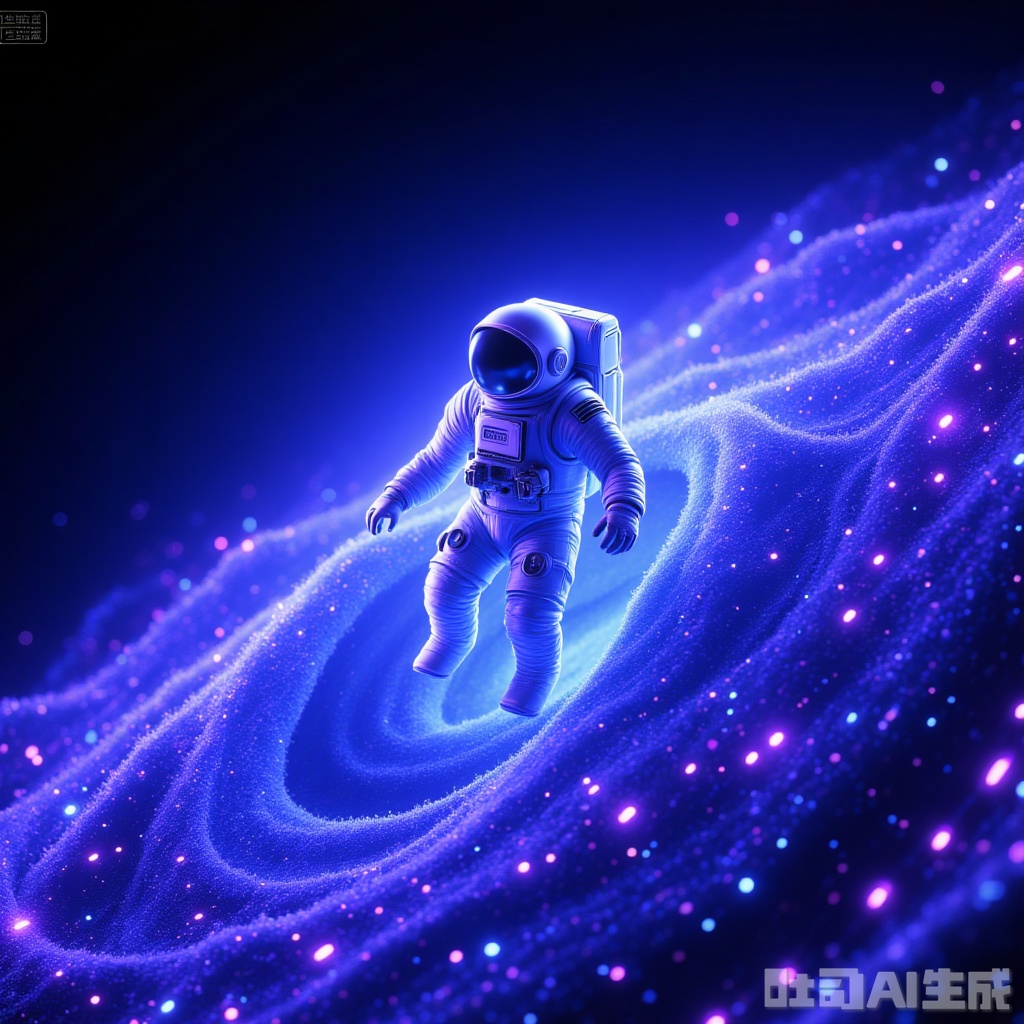 Dots of many blue-violet neon points outline the contour of an astronaut floating in a neon-dotted wave, close-up, with graininess, thickness, clear details, dark background, transparency, trailing shadows, ethereal, beautiful, high-definition, light and shadow particles illustration. A highly visually impactful poster, beautiful wallpaper..,,"Holographic"