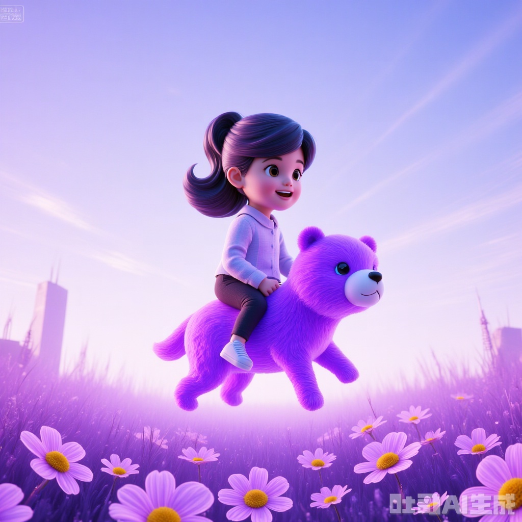 minigirl riding a panda in the flower field, happy,oversized flowers,paleColor,"Holographic"
