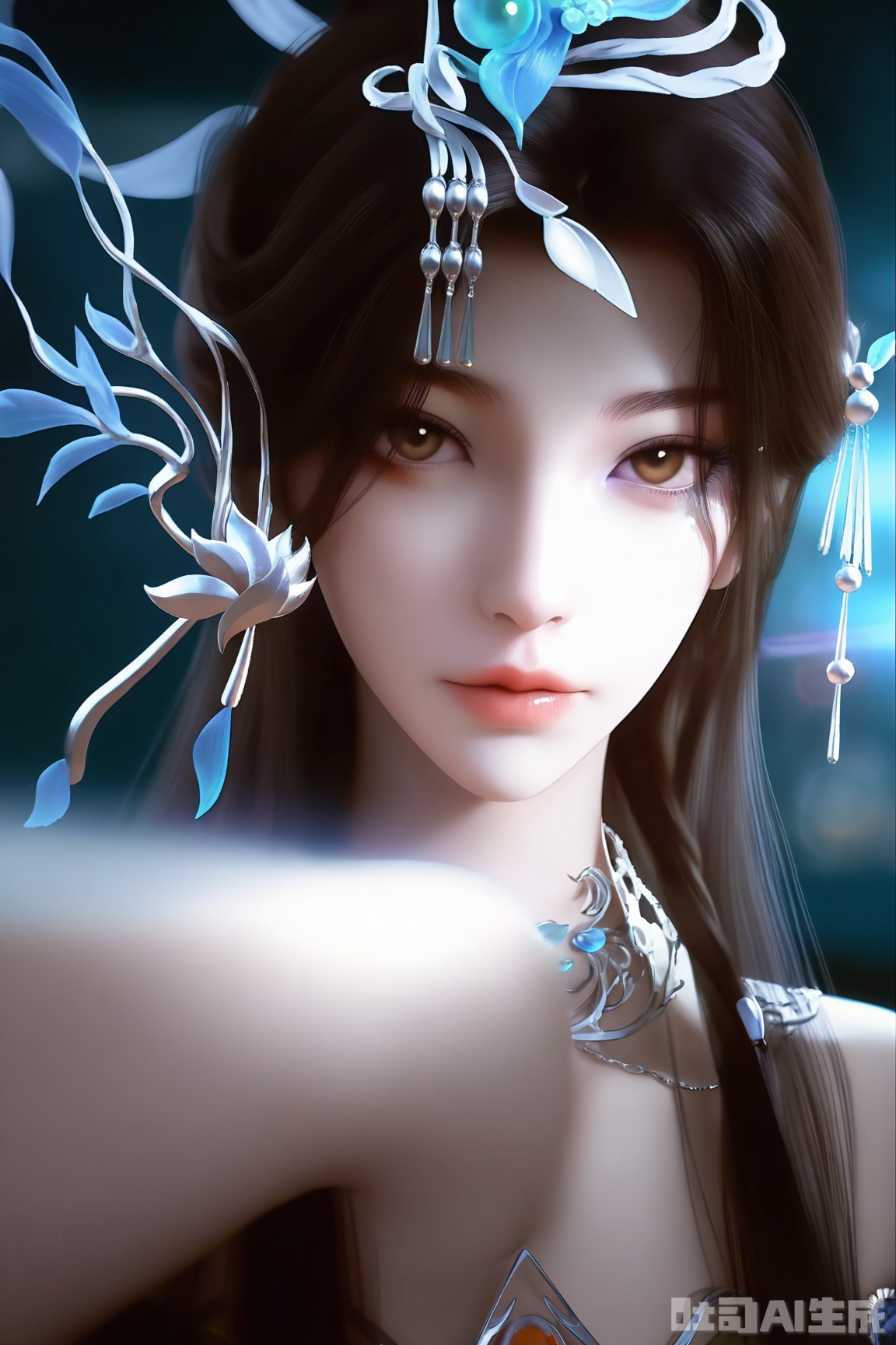 1girl, solo, long hair, looking at viewer, brown hair, black hair, hair ornament, dress, brown eyes, closed mouth, upper body, flower, 
masterpiece, 8k, hd, amazing quality, best quality, high resolution, goldenfieldszho, newest, very aesthetic, ultra-detailed, absurdres, perfect lighting, volumetric lighting, (dark lighting), shadowing, (good shadowing), depth of field, lens flare, scenery, amazing aesthetics, cinematic lighting, cinematic, shading, (good shading), counter_shading, ,handsome,interesting,good colors, bright skin,Semi_Realistic, 