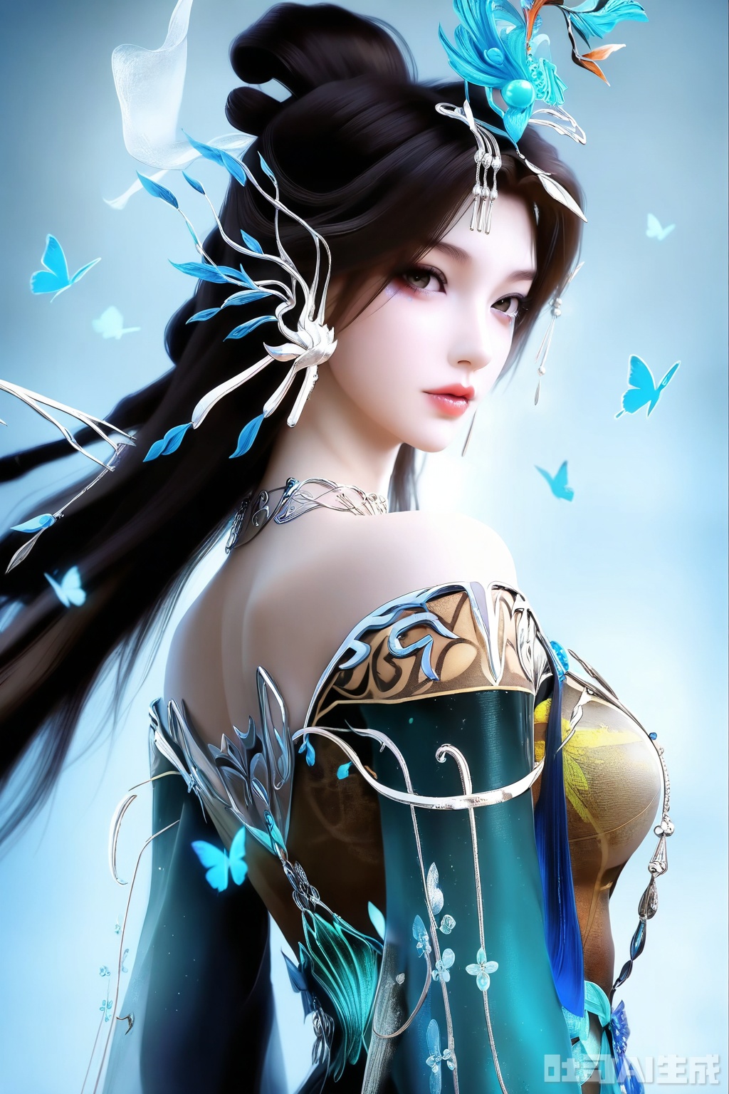 1girl, solo, long hair, looking at viewer, brown hair, black hair, hair ornament, dress, bare shoulders, jewelry, upper body, earrings, looking back, hair bun, butterfly, 
realistic, masterpiece,amazing quality, best quality,