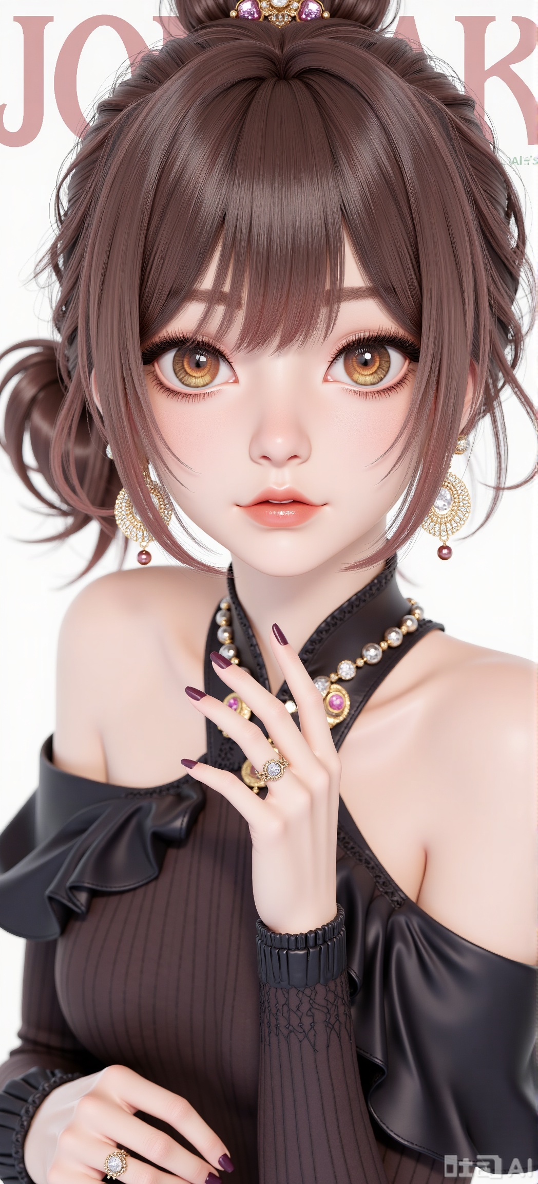 1girl, solo, looking at viewer, short hair, brown hair, black hair, dress, bare shoulders, brown eyes, jewelry, upper body, earrings, parted lips, necklace, lips, cover, ring, realistic, magazine cover