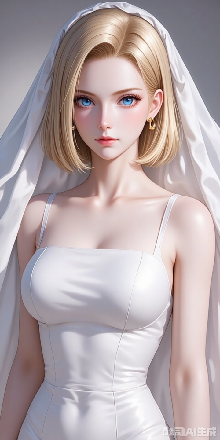 18hao,blonde hair,short hair,blue eyes,fair_skin,jewelry,earrings,large breasts,
 1girl,solo,blonde hair,blue eyes,earrings,jewelry,android 18,short hair,looking at viewer,dress,upper body,bare shoulders,breasts,lips,white dress,wedding dress,veil,closed mouth,sleeveless,bridal veil,eyelashes,
cover,simple background,gradient background,close-up details,outstanding style,adding a touch of dimension to your images without compromising details,close-up,,lvjing,,baoshi,