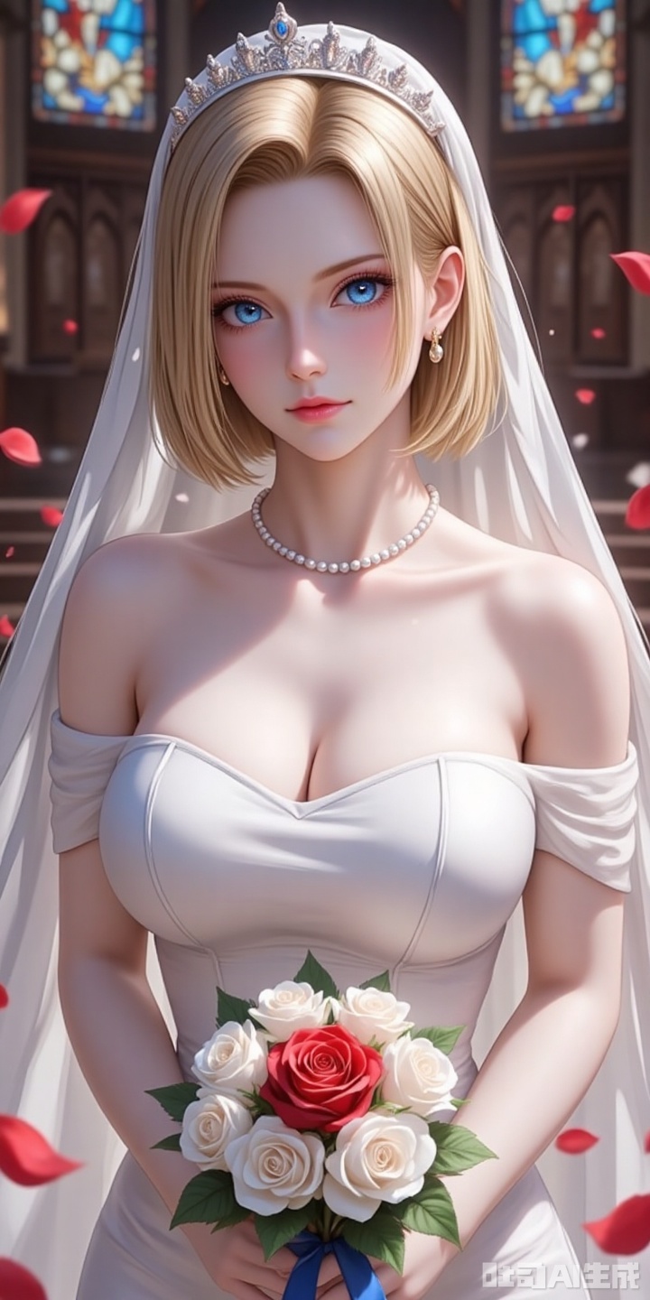 18hao,blonde hair,short hair,blue eyes,fair_skin,jewelry,earrings,large breasts,
 1girl,jewelry,breasts,bouquet,petals,dress,blonde hair,blue eyes,flower,wedding dress,solo,earrings,necklace,veil,cleavage,strapless,bridal veil,holding,church,stained glass,looking at viewer,short hair,bare shoulders,white dress,android 18,holding bouquet,strapless dress,rose,large breasts,tiara,pearl necklace,indoors,parted lips,collarbone,bride,white flower,red flower,rose petals,blue ribbon,lips,ribbon,cowboy shot,red rose,arch,stairs,white rose,
cover,simple background,gradient background,close-up details,outstanding style,adding a touch of dimension to your images without compromising details,close-up,,lvjing,,baoshi,