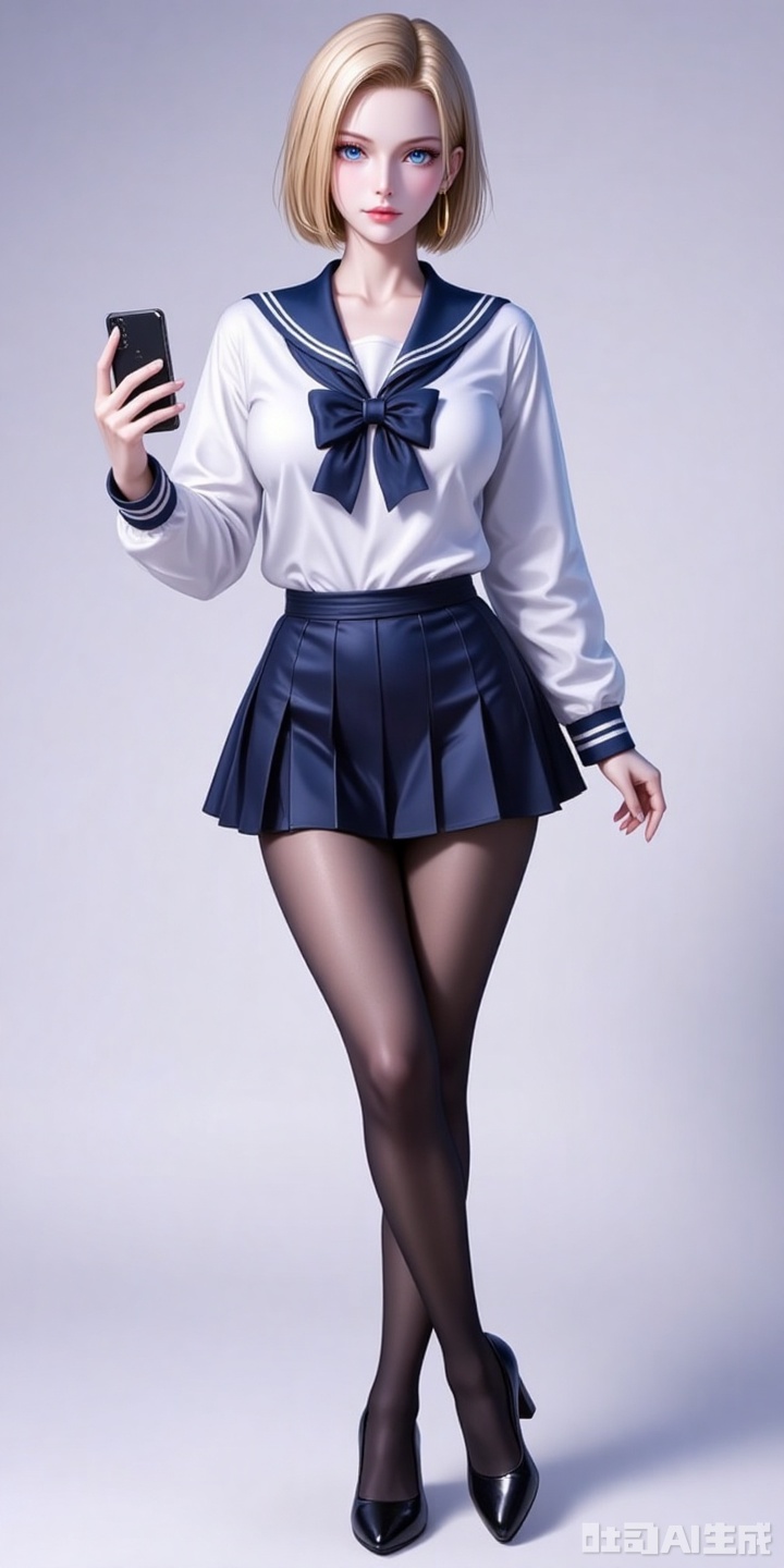 18hao,blonde hair,short hair,blue eyes,fair_skin,jewelry,earrings,large breasts,
1girl, pantyhose, solo, school uniform, skirt, phone, selfie, cellphone, serafuku, smartphone, holding phone, black pantyhose, high heels, full body, holding, bow, crossed legs, standing, 3/4 view,


cover,simple background,gradient background,close-up details,outstanding style,adding a touch of dimension to your images without compromising details,close-up,,lvjing,,baoshi,