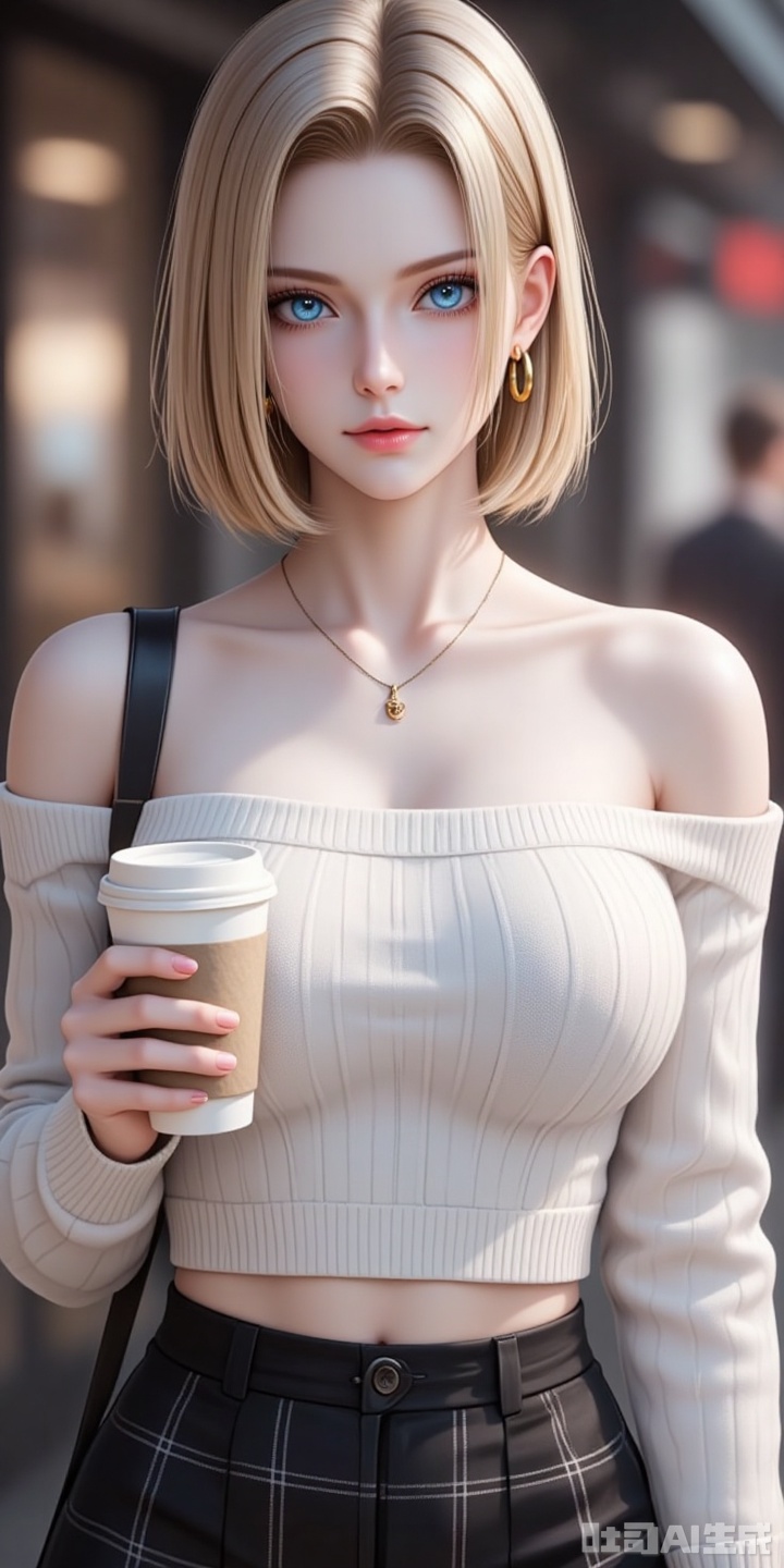 18hao,blonde hair,short hair,blue eyes,fair_skin,jewelry,earrings,large breasts,
1girl,solo,skirt,off shoulder,off-shoulder sweater,jewelry,white sweater,necklace,cup,bare shoulders,holding,sweater,disposable cup,breasts,black skirt,plaid skirt,collarbone,plaid,blurry background,crop top,holding cup,blurry,midriff,long sleeves,large breasts,

cover,simple background,gradient background,close-up details,outstanding style,adding a touch of dimension to your images without compromising details,close-up,,lvjing,,baoshi,