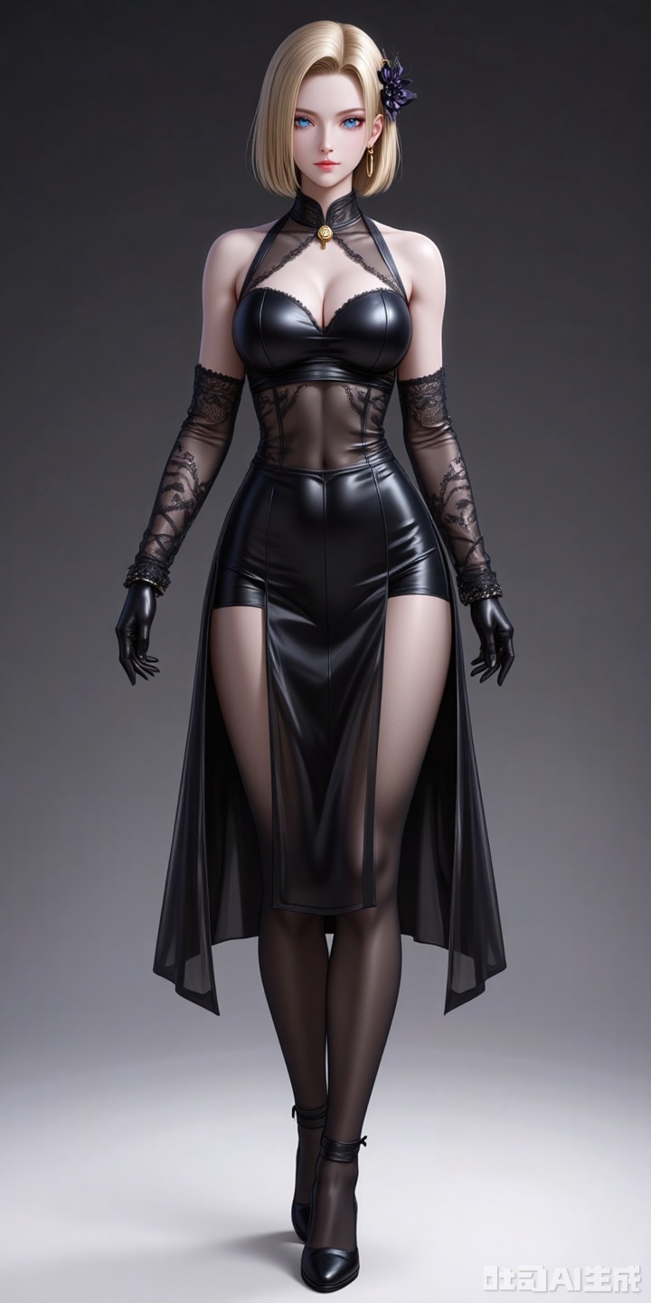 18hao,blonde hair,short hair,blue eyes,fair_skin,jewelry,earrings,large breasts,
1girl,breasts,solo,dress,gloves,large breasts,black dress,elbow gloves,full body,chinese clothes,black footwear,flower,bare shoulders,china dress,looking at viewer,official alternate costume,hair flower,high heels,standing,hair ornament,pelvic curtain,body_stocking,black gloves,cleavage,see-through,mole,lace-trimmed gloves,

cover,simple background,gradient background,close-up details,outstanding style,adding a touch of dimension to your images without compromising details,close-up,,lvjing,,baoshi,