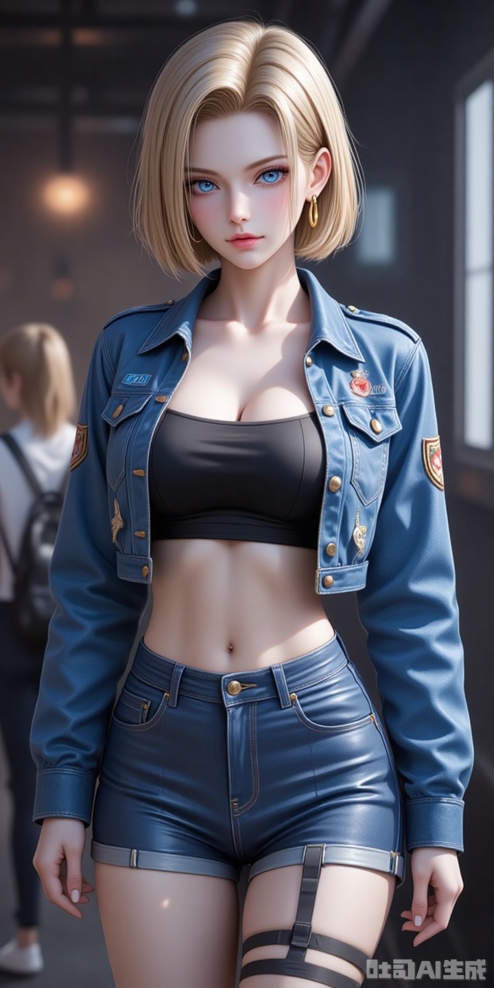 18hao,blonde hair,short hair,blue eyes,fair_skin,jewelry,earrings,large breasts,
 jacket,abs,shorts,cropped jacket,crop top,chest,crop top,looking at the audience,short hair,android 18,blurred background,open jacket,blurred,denim shorts,denim,lips,open clothing,medium chest,blue jacket,thigh straps,clavicle,slightly open lips
cover,simple background,gradient background,close-up details,outstanding style,adding a touch of dimension to your images without compromising details,close-up,,lvjing,,baoshi,