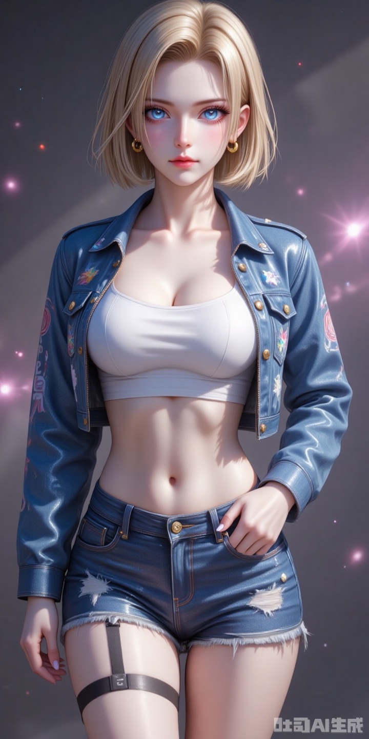 18hao,blonde hair,short hair,blue eyes,fair_skin,jewelry,earrings,large breasts,eyes,
 jacket,abs,shorts,cropped jacket,crop top,chest,crop top,looking at the audience,short hair,android 18,blurred background,open jacket,blurred,denim shorts,denim,lips,open clothing,medium chest,blue jacket,thigh straps,clavicle,slightly open lips
cover,simple background,gradient background,close-up details,outstanding style,adding a touch of dimension to your images without compromising details,close-up,,lvjing,,baoshi,