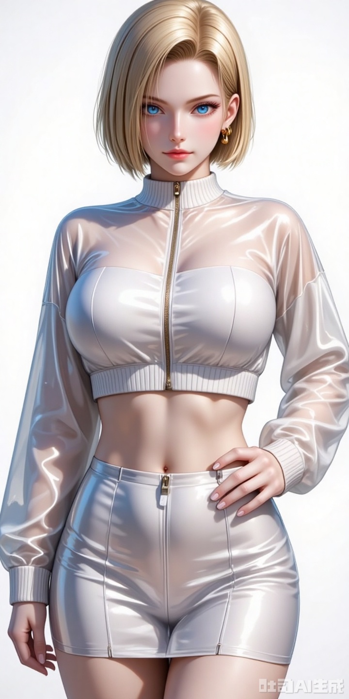 18hao,blonde hair,short hair,blue eyes,fair_skin,jewelry,earrings,large breasts,
1girl,solo,android 18,blonde hair,blue eyes,skirt,earrings,zipper,jewelry,see-through,navel,hand on own hip,short hair,crop top,looking at viewer,midriff,shiny clothes,zipper pull tab,long sleeves,white background,
cover,simple background,gradient background,close-up details,outstanding style,adding a touch of dimension to your images without compromising details,close-up,,lvjing,,baoshi,