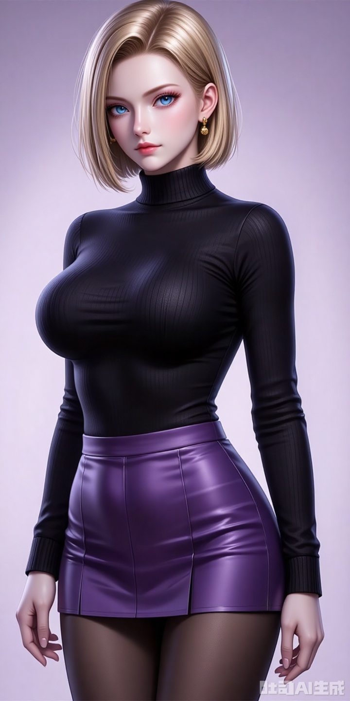 18hao,blonde hair,short hair,blue eyes,fair_skin,jewelry,earrings,large breasts,
1girl,breasts,skirt,solo,pantyhose,large breasts,purple skirt,covered navel,long sleeves,taut clothes,miniskirt,pleated skirt,turtleneck,black shirt,shirt,black pantyhose,taut shirt, 

cover,simple background,gradient background,close-up details,outstanding style,adding a touch of dimension to your images without compromising details,close-up,,lvjing,,baoshi,