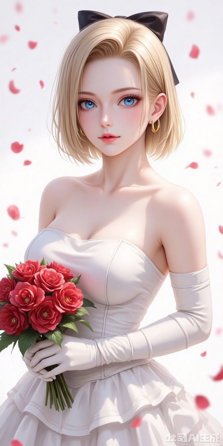 18hao,blonde hair,short hair,blue eyes,fair_skin,jewelry,earrings,large breasts,
elbow_gloves,frilled_skirt,holding_bouquet,highres,cherry_blossoms,strapless_dress,white_gloves,looking_at_viewer,red_flower,solo,collarbone,own_hands_together,:d,white_background,backlighting,black_bow,bare_shoulders,frilled_dress,hair_bow,wedding_dress,commentary_request,1girl,petals,simple_background,blush,cowboy_shot,

cover,simple background,gradient background,close-up details,outstanding style,adding a touch of dimension to your images without compromising details,close-up,,lvjing,,baoshi,