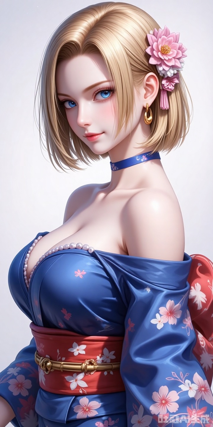 18hao,blonde hair,short hair,blue eyes,fair_skin,jewelry,earrings,large breasts,
1girl,breasts,solo,japanese clothes,hair ornament,kimono,flower,hair flower,sash,blue kimono,large breasts,choker,looking at viewer,cleavage,bare shoulders,obi,off shoulder,earrings,smile,jewelry,floral print,closed mouth,makeup,from side,long sleeves,

cover,simple background,gradient background,close-up details,outstanding style,adding a touch of dimension to your images without compromising details,close-up,,lvjing,,baoshi,