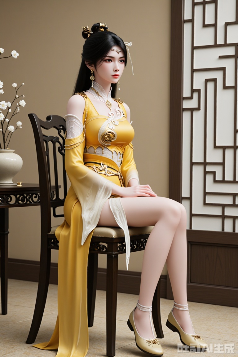 
1girl

solo

long hair

looking at viewer

black hair

hair ornament

dress

jewelry

sitting

full body

earrings

indoors

legs

clothing cutout

bare legs

chair

chinese clothes

table

crossed legs

yellow dress

yellow footwear

vase

jpe