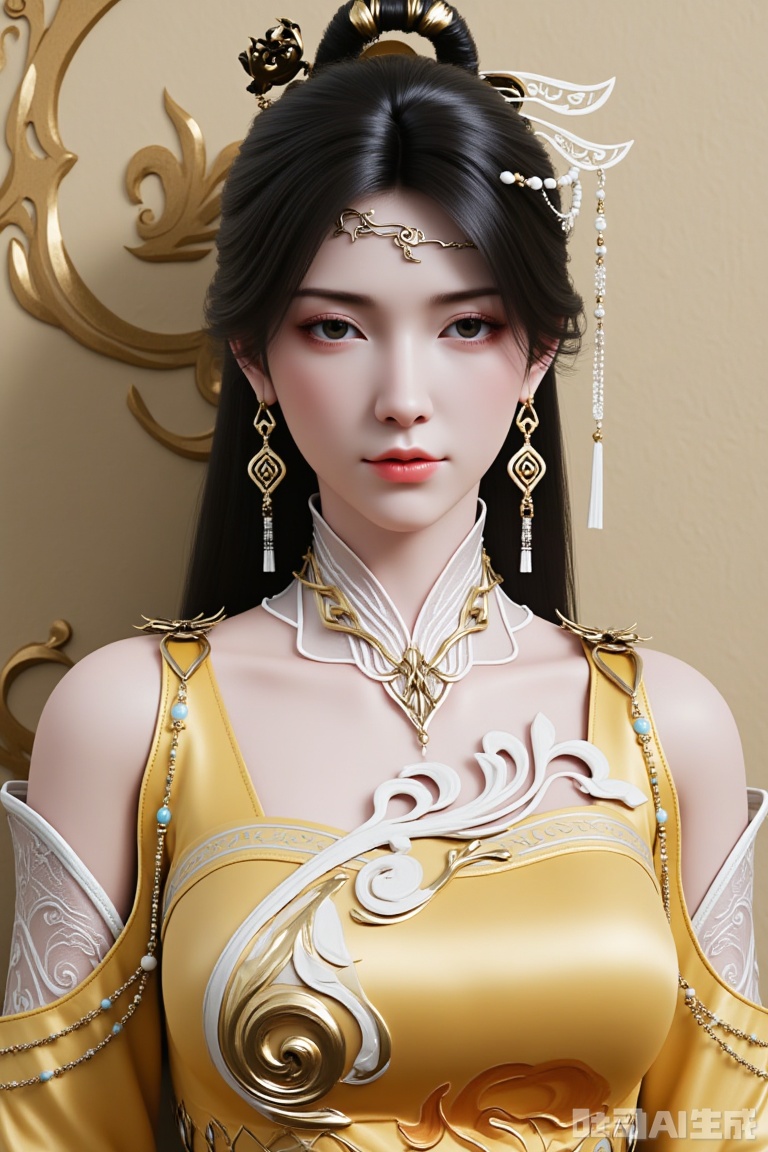 
1girl

solo

long hair

looking at viewer

black hair

hair ornament

dress

jewelry

upper body

earrings

clothing cutout

chinese clothes

yellow dress

jpe