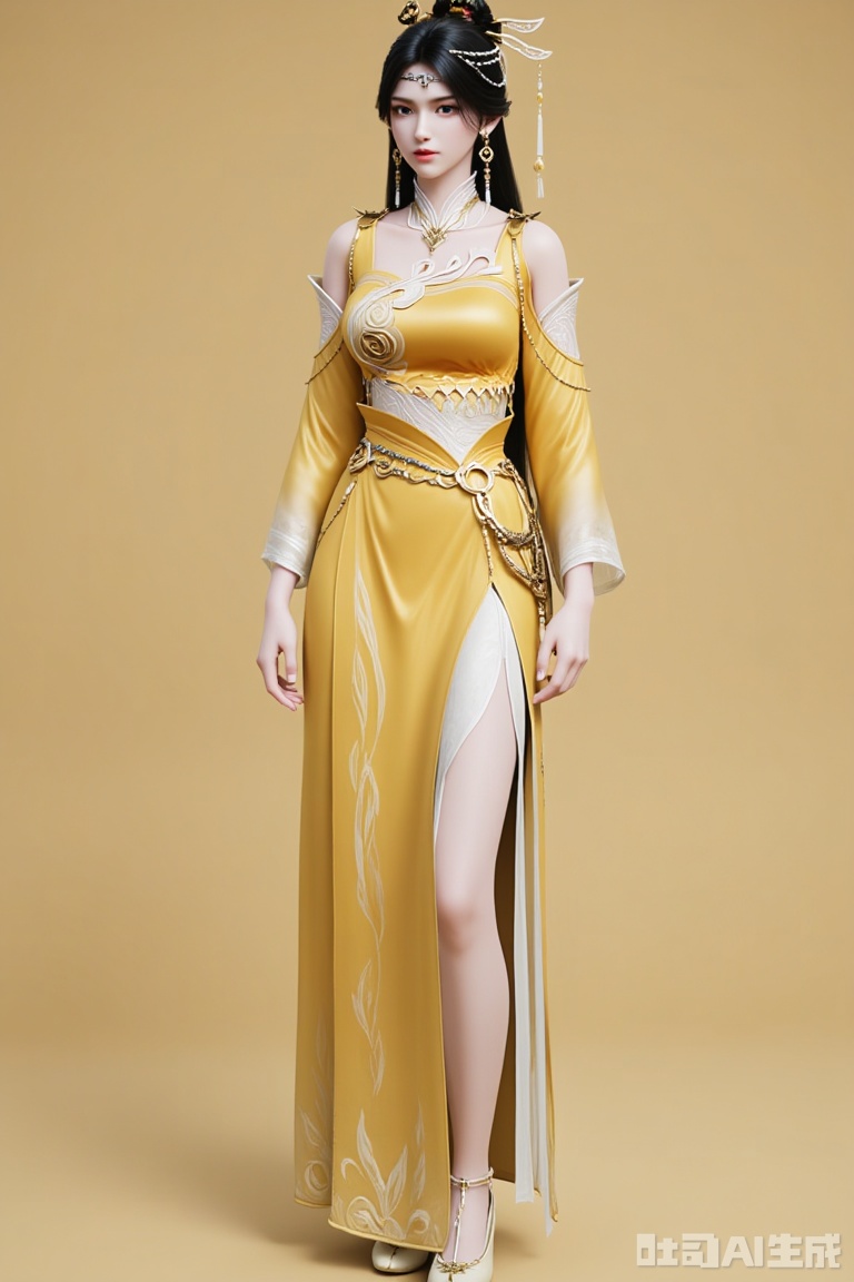 1girl solo black hair hair ornament dress jewelry standing full body earrings necklace bare legs chinese clothes yellow dress jpe