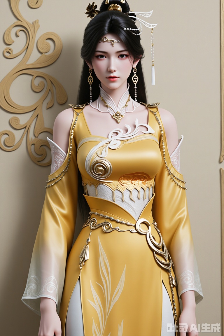 
1girl

solo

long hair

looking at viewer

black hair

hair ornament

dress

jewelry

upper body

earrings

clothing cutout

chinese clothes

yellow dress

jpe