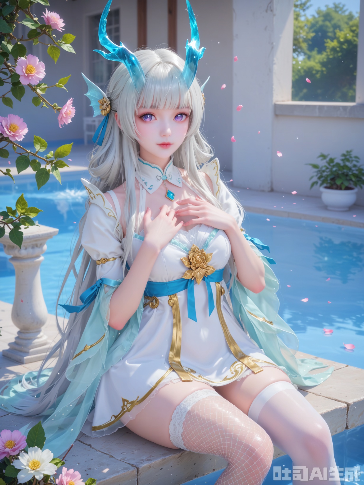 score_9,score_8_up,score_7_up,1girl,looking_at_viewer,realistic,1girl,Vivid Colors,bright environment,sunshine,god light,delicate water,hair_ornament,shiny skin,shiny hair,reflection,(wariza:1.2),dress,flower sea,falling petals,extreme detail description,bright sunlight,frontal lighting,(upper body:0.3),put one hand on your chest,hair,long_hair,(skindentation:1.3),Fishnet stockings,hair,sunshine on face,bright_pupils,light_eyes,sitting_down,(pale_skin:1.3),white stocking,see-through,light_purple_eyes,horn
