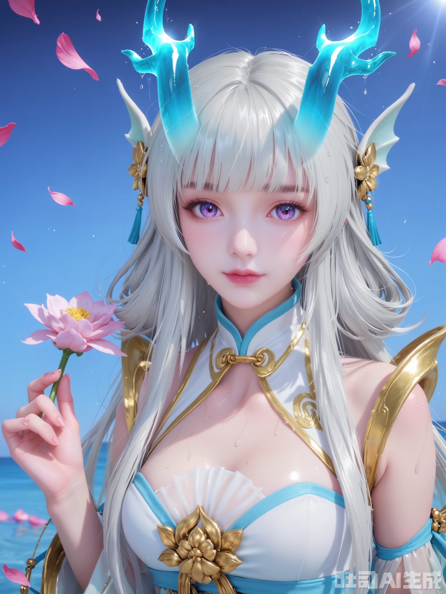 score_9,score_8_up,score_7_up,realistic,photorealistic,1girl,looking_at_viewer,realistic,1girl,Vivid Colors,bright environment,delicate water,hair_ornament,shiny skin,shiny hair,reflection,dress,flower sea,falling petals,extreme detail description,(full body:0.3),put one hand on your chest,long_hair,(skindentation:1.3),bright,sunshine on face,light,sweating,light,glowing,sunshine,bright,reflection,(pale_skin:1.3),chinese clothes,white stocking,see-through,light_purple_eyes,horn