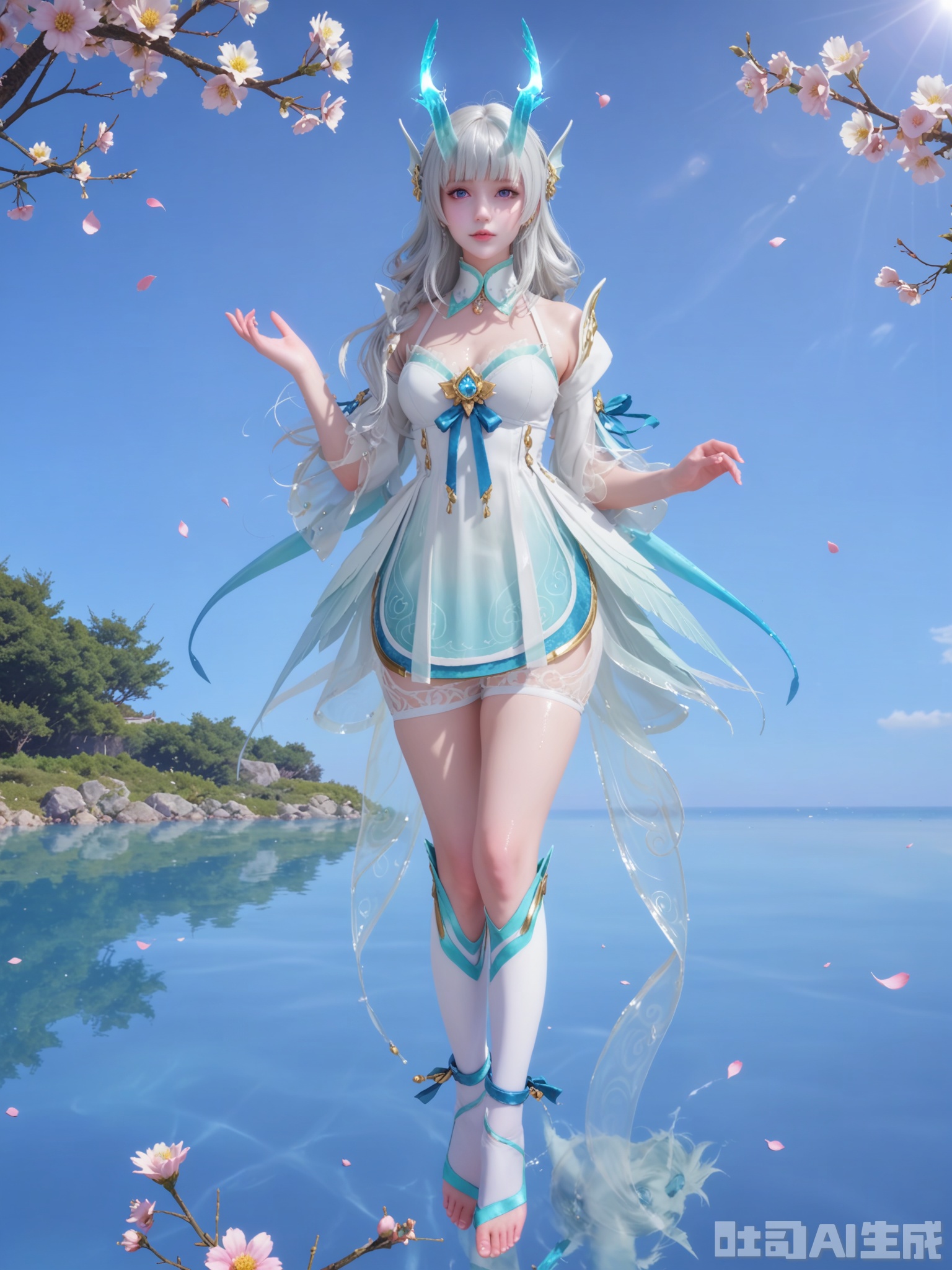 score_9,score_8_up,score_7_up,realistic,photorealistic,1girl,looking_at_viewer,realistic,1girl,Vivid Colors,bright environment,delicate water,hair_ornament,shiny skin,shiny hair,reflection,dress,flower sea,falling petals,extreme detail description,(full body:1),put one hand on your chest,long_hair,(skindentation:1.3),bright,sunshine on face,light,sweating,light,glowing,sunshine,bright,reflection,(pale_skin:1.3),white stocking,see-through,light_purple_eyes,horn