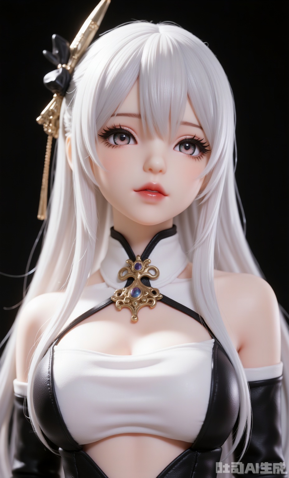 1girl, solo, long hair, looking at viewer, hair ornament, upper body, white hair, parted lips, lips, , grey eyes, eyelashes, black background, realistic, red lips, white theme