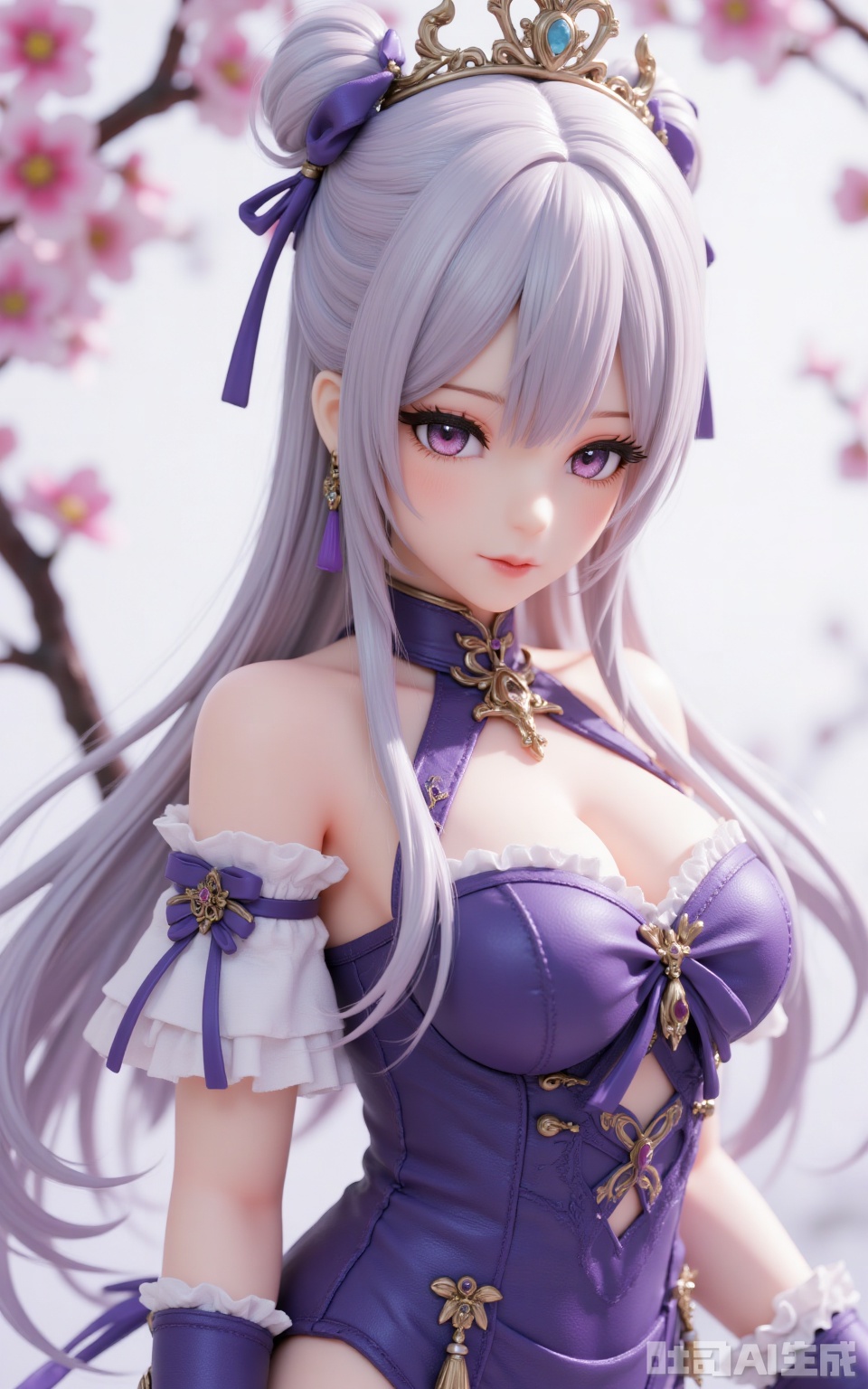 1girl, solo, long hair, breasts, looking at viewer, bangs, hair ornament, dress, bare shoulders, jewelry, closed mouth, standing, purple eyes, flower, short sleeves, grey hair, earrings, frills, detached sleeves, hair flower, tree, wrist cuffs, strapless, detached collar, frilled dress, tiara, purple dress, pink flower, branch