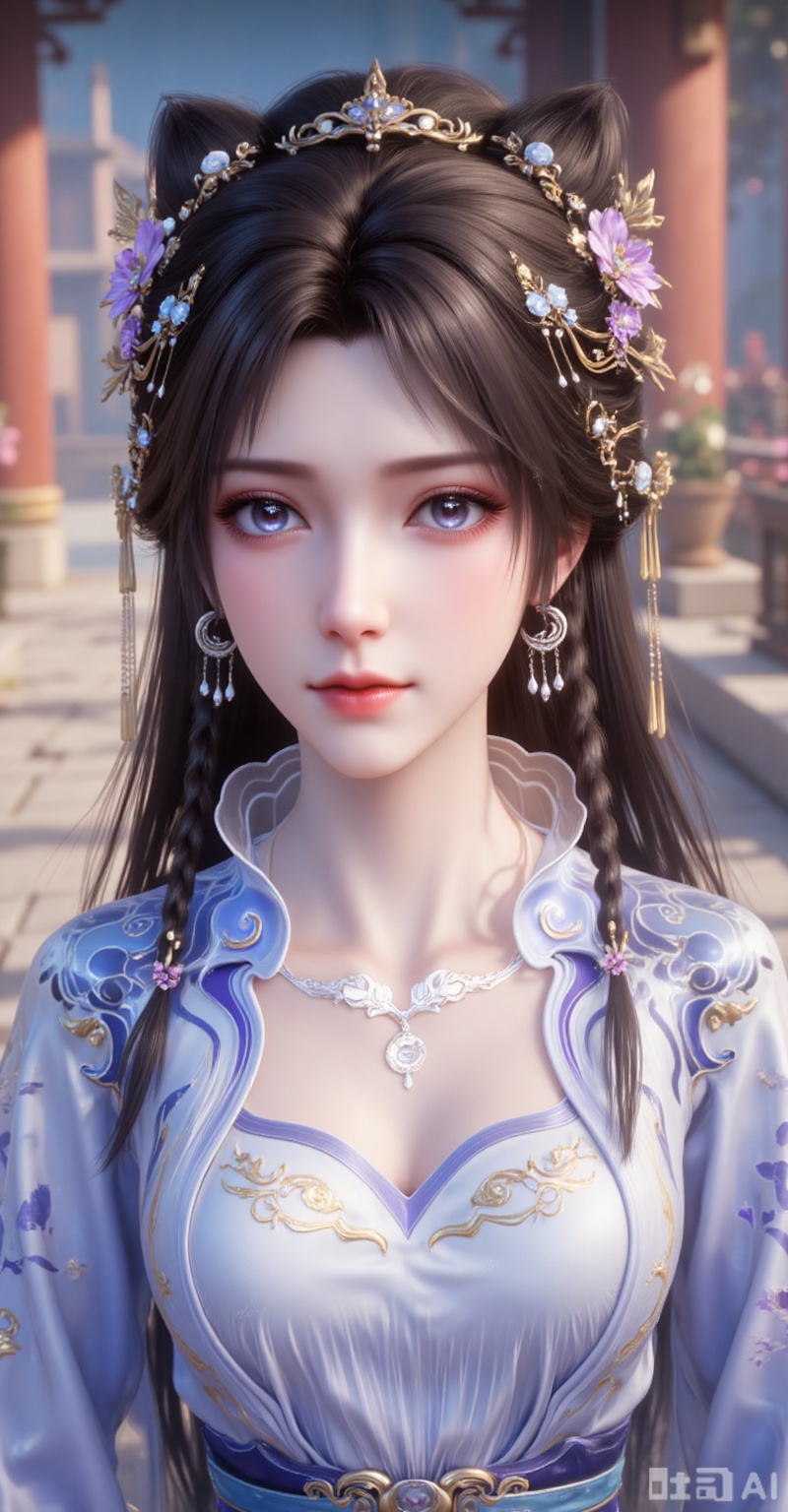 1girl, solo, long hair, blue eyes, brown hair, hair ornament, long sleeves, dress, jewelry, upper body, braid, flower, earrings, outdoors, hair flower, necklace, blurry, looking to the side, blurry background, blue dress, shadow, chinese clothes, realistic,
lvjing,lvjing,pifu,jiziyue