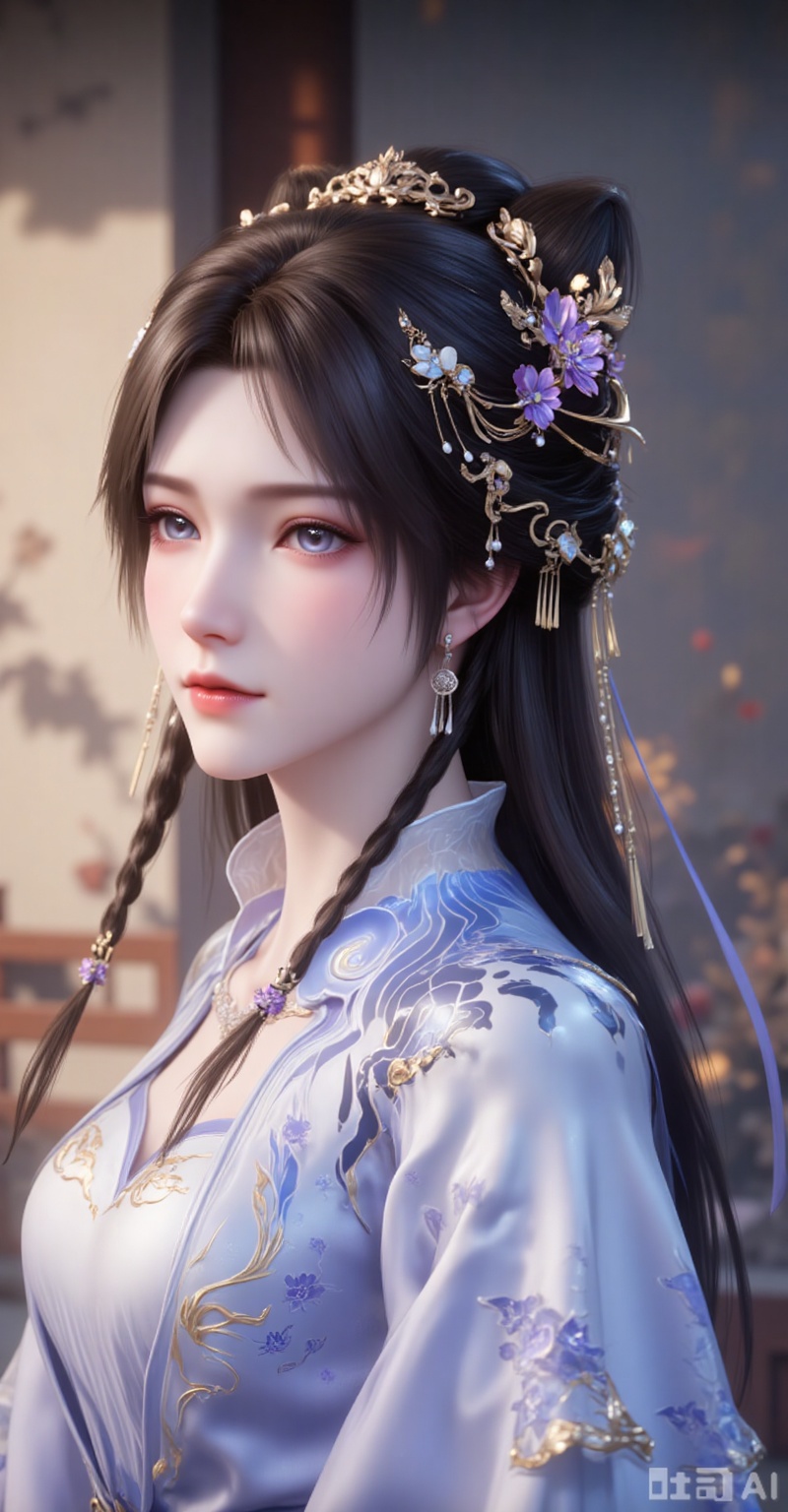 1girl, solo, long hair, blue eyes, brown hair, hair ornament, long sleeves, dress, jewelry, upper body, braid, flower, earrings, outdoors, hair flower, necklace, blurry, looking to the side, blurry background, blue dress, shadow, chinese clothes, realistic,
lvjing,lvjing,pifu,jiziyue