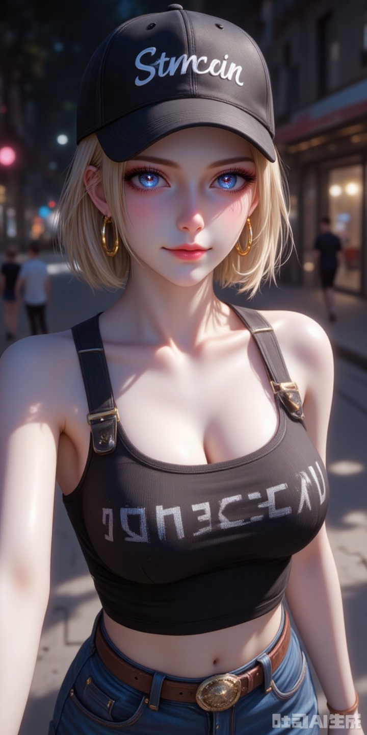 18hao,blonde hair,short hair,blue eyes,fair_skin,jewelry,earrings,large breasts,
1girl,denim,earrings,navel,jewelry,jeans,belt,pants,baseball cap,solo,hat,shirt,midriff,black shirt,outdoors,sleeveless,selfie,looking at viewer,black headwear,shadow,clothes writing,crop top,makeup,breasts,blurry,closed mouth,sleeveless shirt,smile,lips,night,road,cowboy shot,hoop earrings,bare shoulders,medium breasts,eyeshadow,
cover,simple background,gradient background,close-up details,outstanding style,adding a touch of dimension to your images without compromising details,close-up,,lvjing,,baoshi,