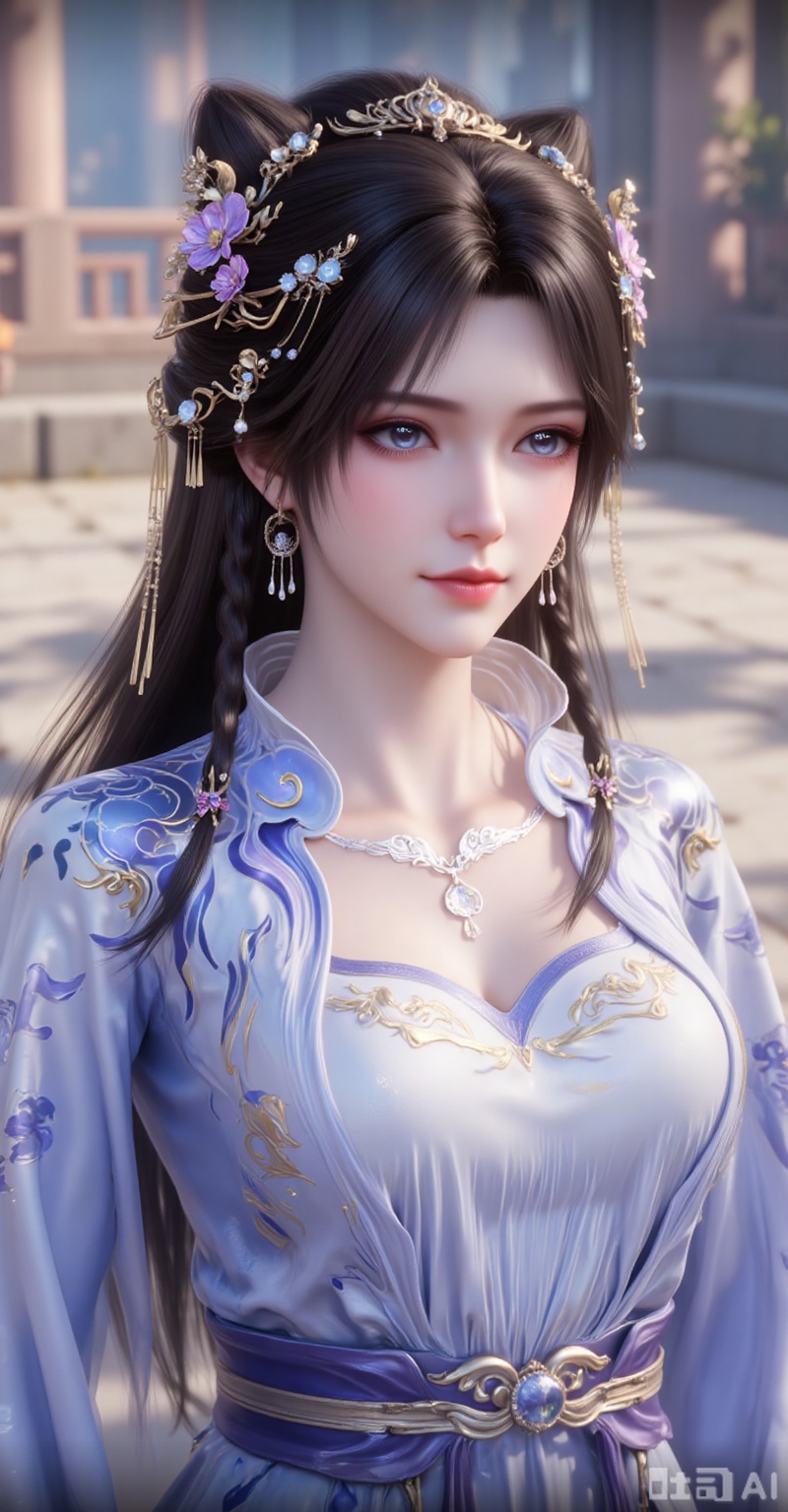 1girl, solo, long hair, blue eyes, brown hair, hair ornament, long sleeves, dress, jewelry, upper body, braid, flower, earrings, outdoors, hair flower, necklace, blurry, looking to the side, blurry background, blue dress, shadow, chinese clothes, realistic,
lvjing,lvjing,pifu,jiziyue