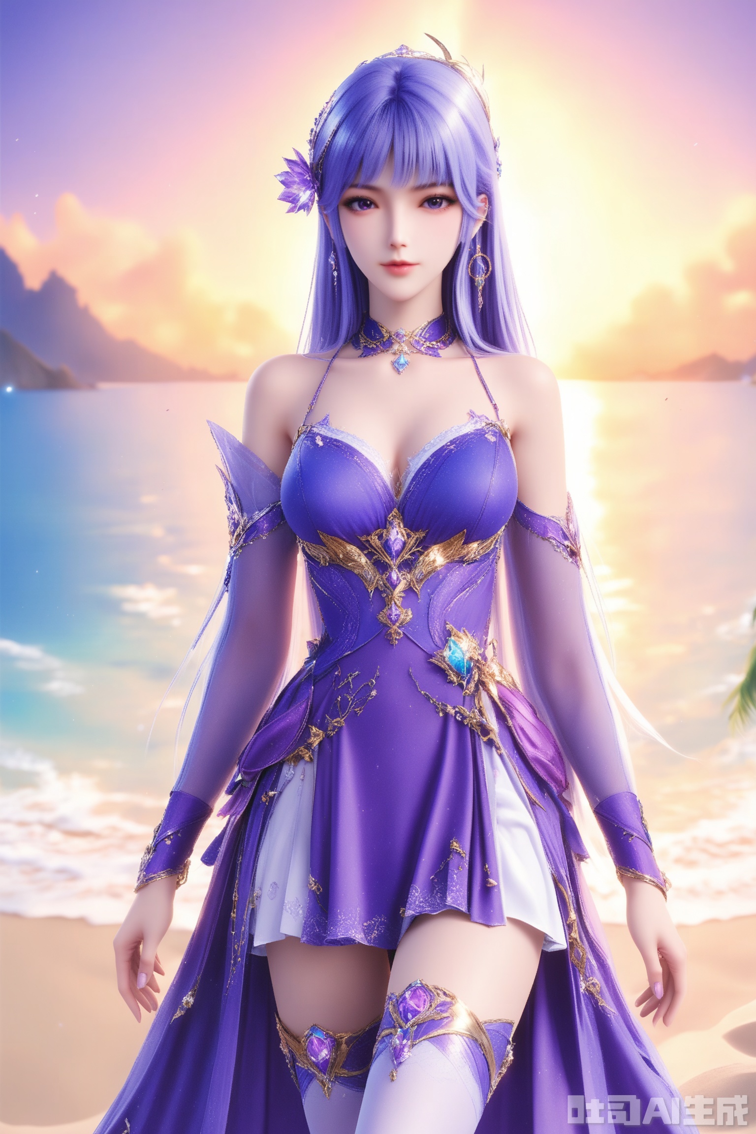 1girl, solo, long hair, breasts, looking at viewer, blue eyes, hair ornament, thighhighs, dress, bare shoulders, jewelry, purple eyes, purple hair, earrings, detached sleeves,purple dress,masterpiece,best quality,official art,extremely detailed CG unity 8k wallpaper,on the beach,on the beach,Thigh exposed,thighhighs,looking at viewer,