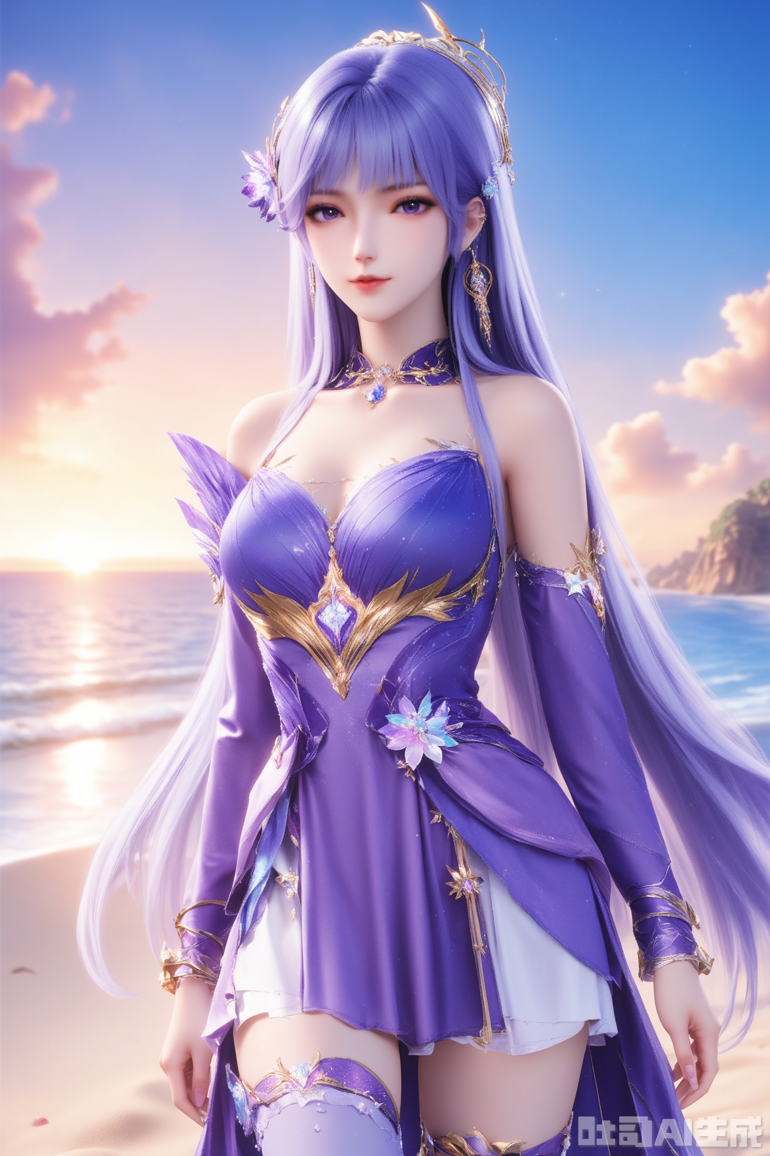 1girl, solo, long hair, breasts, looking at viewer, blue eyes, hair ornament, thighhighs, dress, bare shoulders, jewelry, purple eyes, purple hair, earrings, detached sleeves,purple dress,masterpiece,best quality,official art,extremely detailed CG unity 8k wallpaper,on the beach,on the beach,Thigh exposed,thighhighs,looking at viewer,