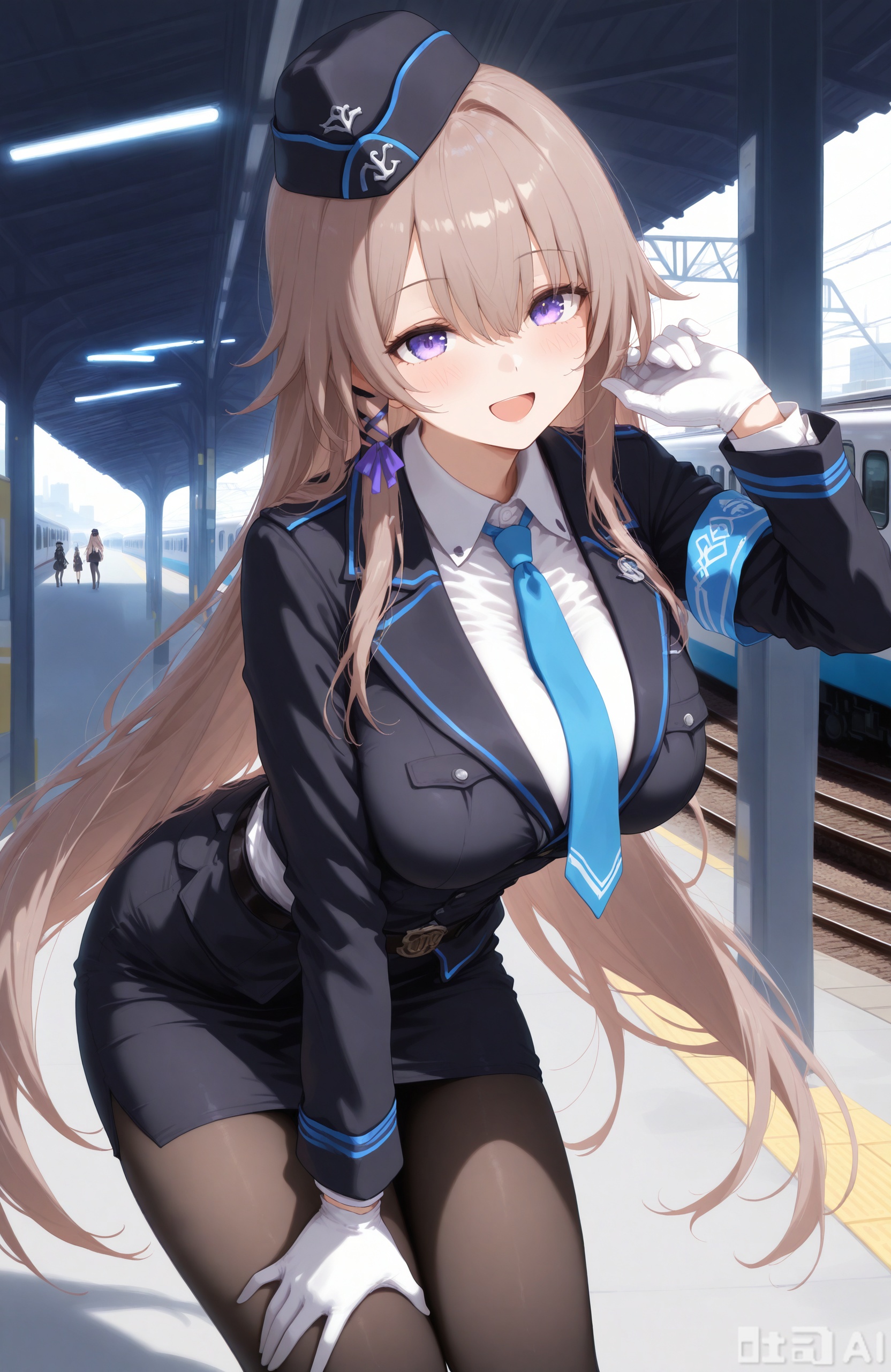 masterpiece,best quality,high quality,
1girl,daheita,brown hair,purple eyes,long hair,
loves,long hair,white gloves,pantyhose,breasts,skirt,white shirt,blue necktie,necktie,shirt,jacket,black jacket,very long hair,train,hat,train station,long sleeves,looking at viewer,open mouth,smile,leaning forward,hair between eyes,collared shirt,black skirt,large breasts,bangs,belt,pencil skirt,black headwear,solo,garrison cap,:d,blush,uniform,black pantyhose,ground vehicle,armband,hand on own thigh,solo focus,