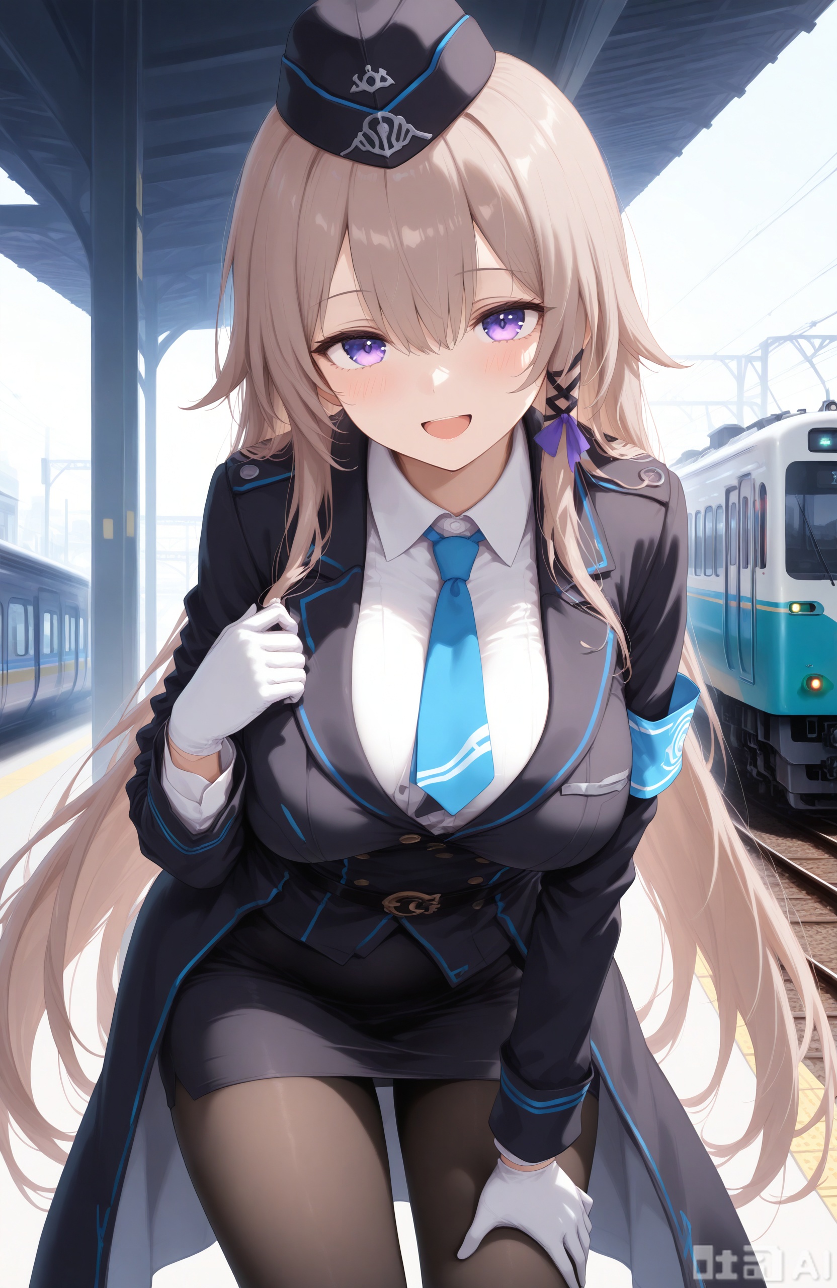 masterpiece,best quality,high quality,
1girl,daheita,brown hair,purple eyes,long hair,
loves,long hair,white gloves,pantyhose,breasts,skirt,white shirt,blue necktie,necktie,shirt,jacket,black jacket,very long hair,train,hat,train station,long sleeves,looking at viewer,open mouth,smile,leaning forward,hair between eyes,collared shirt,black skirt,large breasts,bangs,belt,pencil skirt,black headwear,solo,garrison cap,:d,blush,uniform,black pantyhose,ground vehicle,armband,hand on own thigh,solo focus,