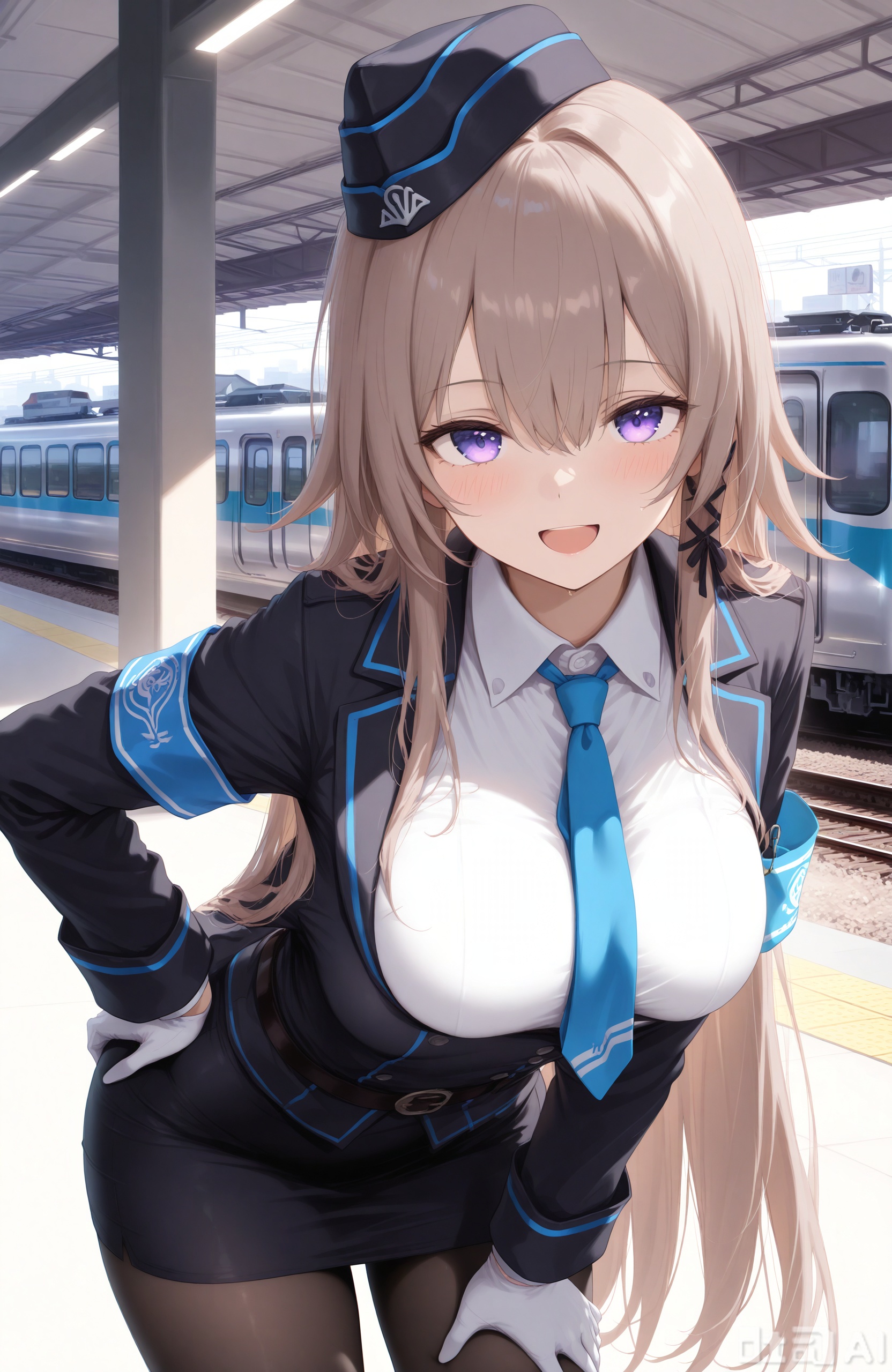 masterpiece,best quality,high quality,
1girl,daheita,brown hair,purple eyes,long hair,
loves,long hair,white gloves,pantyhose,breasts,skirt,white shirt,blue necktie,necktie,shirt,jacket,black jacket,very long hair,train,hat,train station,long sleeves,looking at viewer,open mouth,smile,leaning forward,hair between eyes,collared shirt,black skirt,large breasts,bangs,belt,pencil skirt,black headwear,solo,garrison cap,:d,blush,uniform,black pantyhose,ground vehicle,armband,hand on own thigh,solo focus,