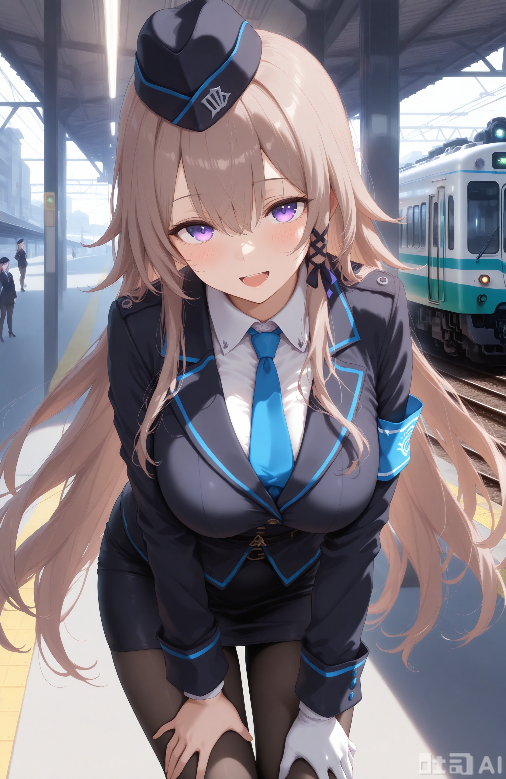 masterpiece,best quality,high quality,
1girl,daheita,brown hair,purple eyes,long hair,
loves,long hair,white gloves,pantyhose,breasts,skirt,white shirt,blue necktie,necktie,shirt,jacket,black jacket,very long hair,train,hat,train station,long sleeves,looking at viewer,open mouth,smile,leaning forward,hair between eyes,collared shirt,black skirt,large breasts,bangs,belt,pencil skirt,black headwear,solo,garrison cap,:d,blush,uniform,black pantyhose,ground vehicle,armband,hand on own thigh,solo focus,