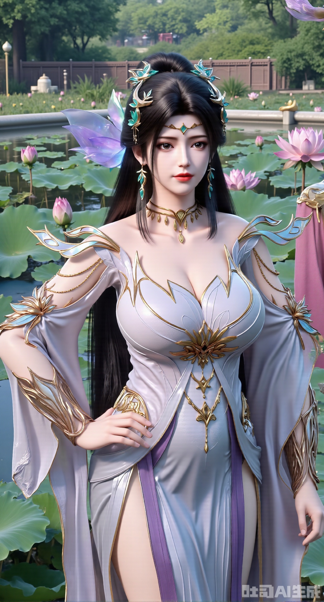 (masterpiece, best quality:1.2),1girl, navel, solo, midriff, bare shoulders, hair ornament, flower, hair flower, black hair, red lips,BREAK, (looking at viewer:1.39), chinese clothes,(Holographic long dress:1.39), (lace,Rainbow Gradient Color:1.29),BREAK,purple eyes,blurry, solo focus, long hair, lips, daytime, lipstick, outdoors, (upper body,,Long legs:1.29), blurry,(huge breasts,full breasts:2.41), background, 1girl, makeup, hair bun,(Blue sky:1.39),(Suzhou Garden Lotus Pond,lotus,Lotus Leaf:1.39),(huge breasts:2.99),(full breasts:2.99),(Background with traditional Chinese architecture, lotus pond and lotus flowers:1.39),Xhanfududou,Xsongzhihanfu,Xlujiajia,Xyanqingfei,XfuqingyunY,Xtangqixiongshanqun,Xfeitianhanfu,Xqinghannu,XmeijiX2,XmeijiX,XlingyuyxiuX2,XlingyuyxiuX,Xjianglishenwang,Xjianglishenwang2