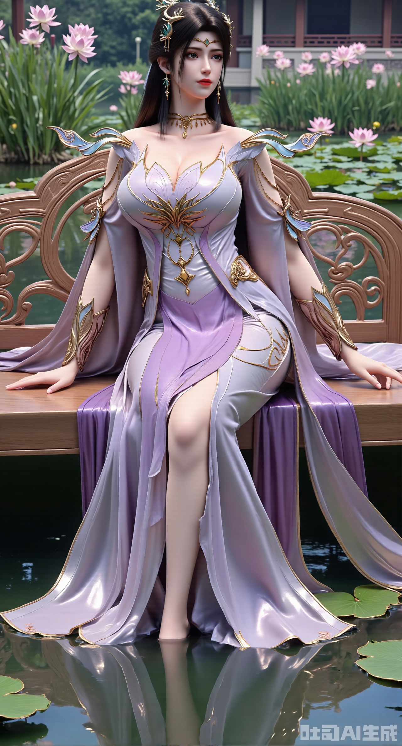 (masterpiece:1.2), best quality, A stunning young woman sits elegantly on a intricately carved wooden bench amidst a serene pond, surrounded by vibrant lily pads and lush greenery. She wears a exquisite purple and white dress with delicate pink and gold embroidery on the chest and short sleeves, paired with gold high heels. Her long, dark hair cascades in loose waves, framing her gentle face. One hand rests on her hip, while the other holds a majestic lotus, exuding tranquility. The background is a kaleidoscope of pink and white lotus flowers, set against a subtle traditional Chinese architectural backdrop, (huge breasts:2.99),(full breasts:2.99),(Background with traditional Chinese architecture, lotus pond and pink lotus flowers:1.59),Xhanfududou,Xsongzhihanfu,Xlujiajia,Xyanqingfei,XfuqingyunY,Xtangqixiongshanqun,Xfeitianhanfu,Xqinghannu,XmeijiX2,XmeijiX,XlingyuyxiuX2,XlingyuyxiuX,Xjianglishenwang,Xjianglishenwang2