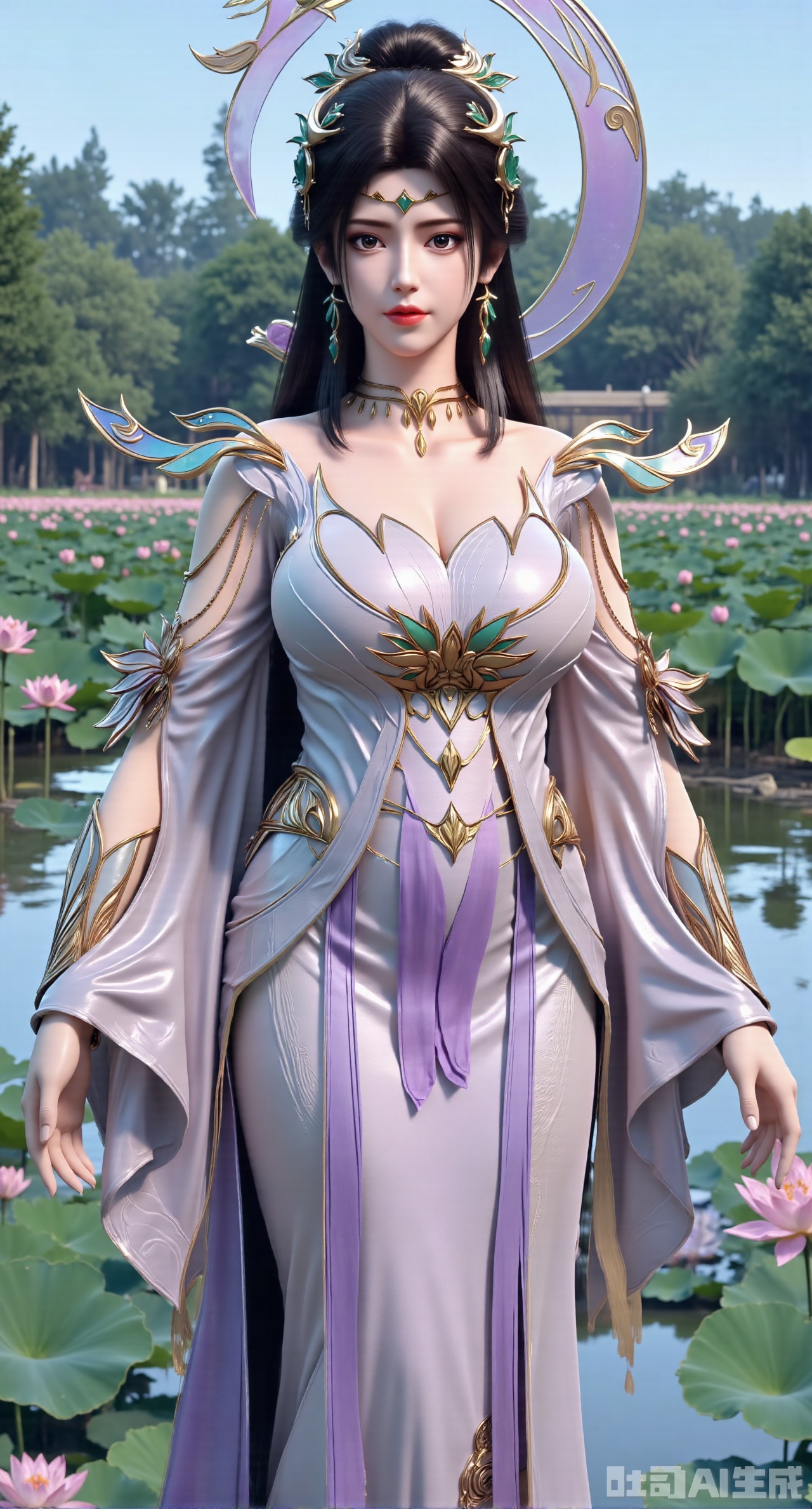 (masterpiece, best quality:1.2),1girl, navel, solo, midriff, bare shoulders, hair ornament, flower, hair flower, black hair, red lips,BREAK, (looking at viewer:1.39), chinese clothes,(Holographic long dress:1.39), (lace,Rainbow Gradient Color:1.29),BREAK,purple eyes,blurry, solo focus, long hair, lips, daytime, lipstick, outdoors, (upper body,,Long legs:1.29), blurry,(huge breasts,full breasts:2.41), background, 1girl, makeup, hair bun,(Blue sky:1.39),(Suzhou Garden Lotus Pond,lotus,Lotus Leaf:1.39),(huge breasts:2.99),(full breasts:2.99),(Background with traditional Chinese architecture, lotus pond and lotus flowers:1.39),Xhanfududou,Xsongzhihanfu,Xlujiajia,Xyanqingfei,XfuqingyunY,Xtangqixiongshanqun,Xfeitianhanfu,Xqinghannu,XmeijiX2,XmeijiX,XlingyuyxiuX2,XlingyuyxiuX,Xjianglishenwang,Xjianglishenwang2