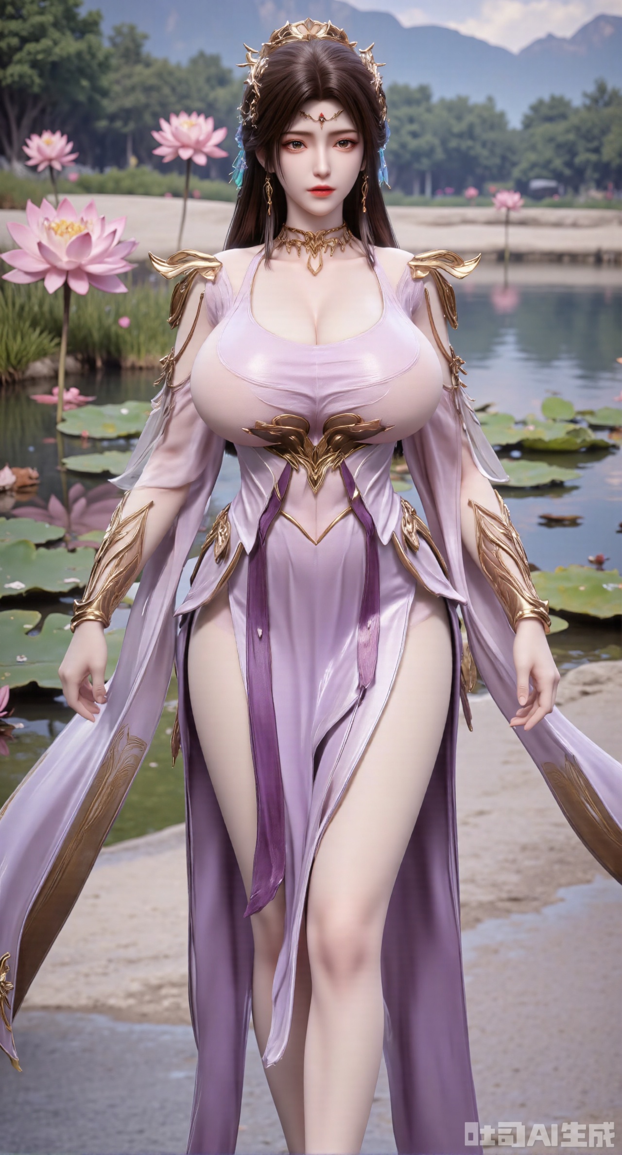 (masterpiece:1.2),best quality,absurdres,masterpiece,original,extremely detailed wallpaper,perfect lighting,(extremely detailed CG:1.2),1girl,solo,standing,looking at viewer,(cowboy_shot:1.3),black hair,long hair,high heels,blurry background,depth of field,motion blur,short dress,china_dress,chinese_style,bare shouders,crystal_earrings,headpiece,hair_tie,chest_jewel,gem,necklace,jewelry,in summer,day,outdoors,nature,sea,(beach:1.4),(huge breasts:2.99),(full breasts:2.69),(lotus pond and pink lotus flowers:1.59),Xhanfududou,Xsongzhihanfu,Xlujiajia,Xyanqingfei,XfuqingyunY,Xtangqixiongshanqun,Xfeitianhanfu,Xqinghannu,XmeijiX2,XmeijiX,XlingyuyxiuX2,XlingyuyxiuX,Xjianglishenwang,Xjianglishenwang2,XPVCshouban