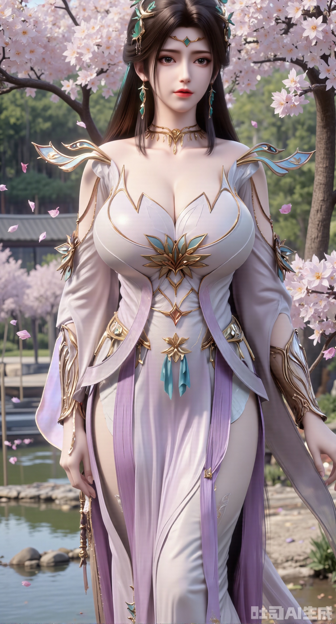 (masterpiece, best quality:1.2),1girl, solo, long hair, breasts, looking at viewer, large breasts, hair ornament, dress, bare shoulders, jewelry, purple eyes, long hair, flower, earrings, outdoors, parted lips, necklace, hand on hip, petals, hanfu dress, cherry blossoms, long dress, architecture, east asian architecture, falling petals,(gigantic breasts:2.99),(full breasts:2.99),Xhanfududou,Xsongzhihanfu,Xlujiajia,Xyanqingfei,XfuqingyunY,Xtangqixiongshanqun,Xfeitianhanfu,Xqinghannu,XmeijiX2,XmeijiX,XlingyuyxiuX2,XlingyuyxiuX,Xjianglishenwang,Xjianglishenwang2