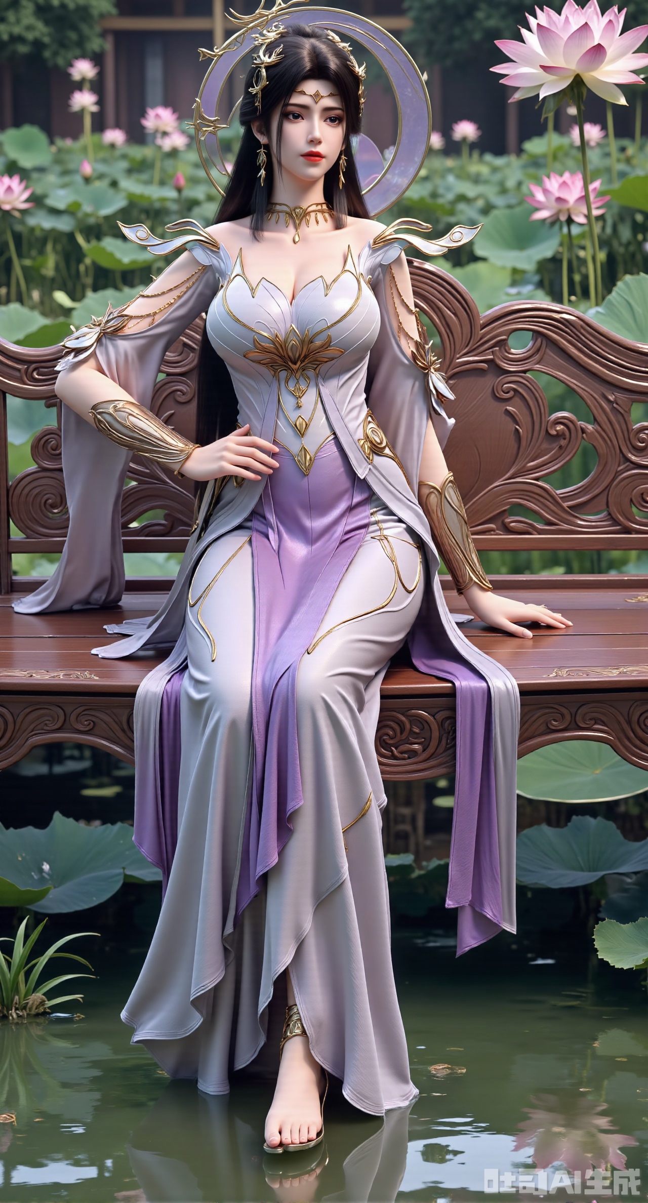 (masterpiece:1.2), best quality, A stunning young woman sits elegantly on a intricately carved wooden bench amidst a serene pond, surrounded by vibrant lily pads and lush greenery. She wears a exquisite purple and white dress with delicate pink and gold embroidery on the chest and short sleeves, paired with gold high heels. Her long, dark hair cascades in loose waves, framing her gentle face. One hand rests on her hip, while the other holds a majestic lotus, exuding tranquility. The background is a kaleidoscope of pink and white lotus flowers, set against a subtle traditional Chinese architectural backdrop, (huge breasts:2.99),(full breasts:2.99),(Background with traditional Chinese architecture, lotus pond and pink lotus flowers:1.59),Xhanfududou,Xsongzhihanfu,Xlujiajia,Xyanqingfei,XfuqingyunY,Xtangqixiongshanqun,Xfeitianhanfu,Xqinghannu,XmeijiX2,XmeijiX,XlingyuyxiuX2,XlingyuyxiuX,Xjianglishenwang,Xjianglishenwang2