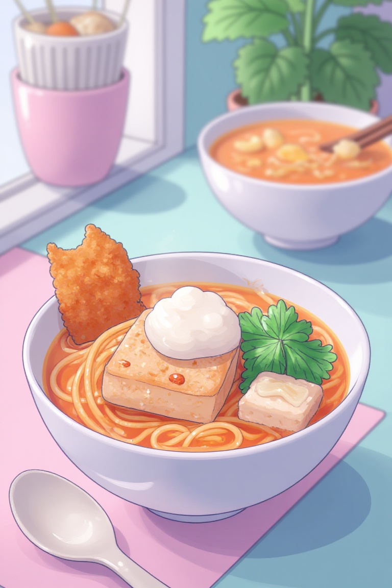 A bowl of noodle soup in a sweet pastel palette,  featuring crispy fried tofu,  leafy greens on Tensor.Art