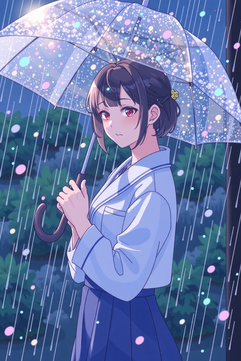 This captivating image invites the viewer to be swept up in a dreamlike,  ethereal vision of a young woman amidst a deluge...