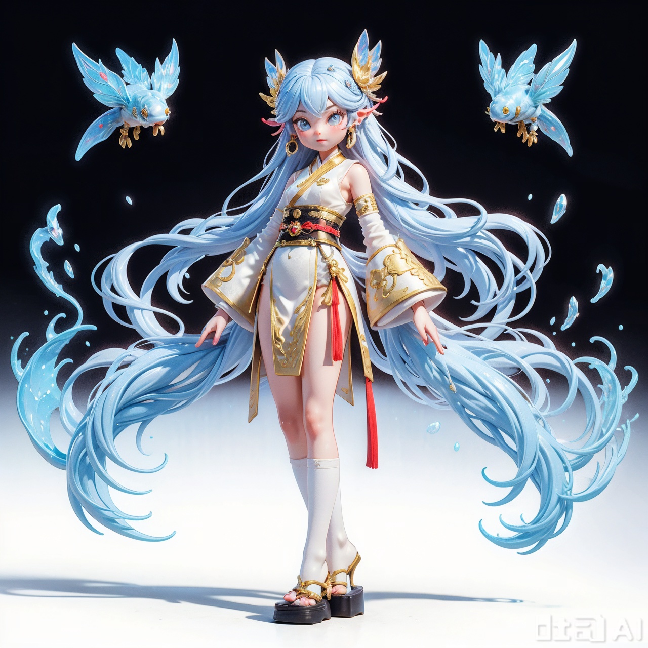 sanshitu,Cyberpunk Chinese koi maiden figurine, futuristic Ming-style hanfu with golden-red mechanical ribbons, glowing blue-and-white porcelain arm guards. Hovering hairpin with holographic poetry projection, holding neon electronic koi, standing on auspicious cloud energy base. Crystal resin texture with metallic lacquer finish. 3D rendering, soft studio lighting, 8K details, collectible art toy design, dynamic ink particle effect background.
