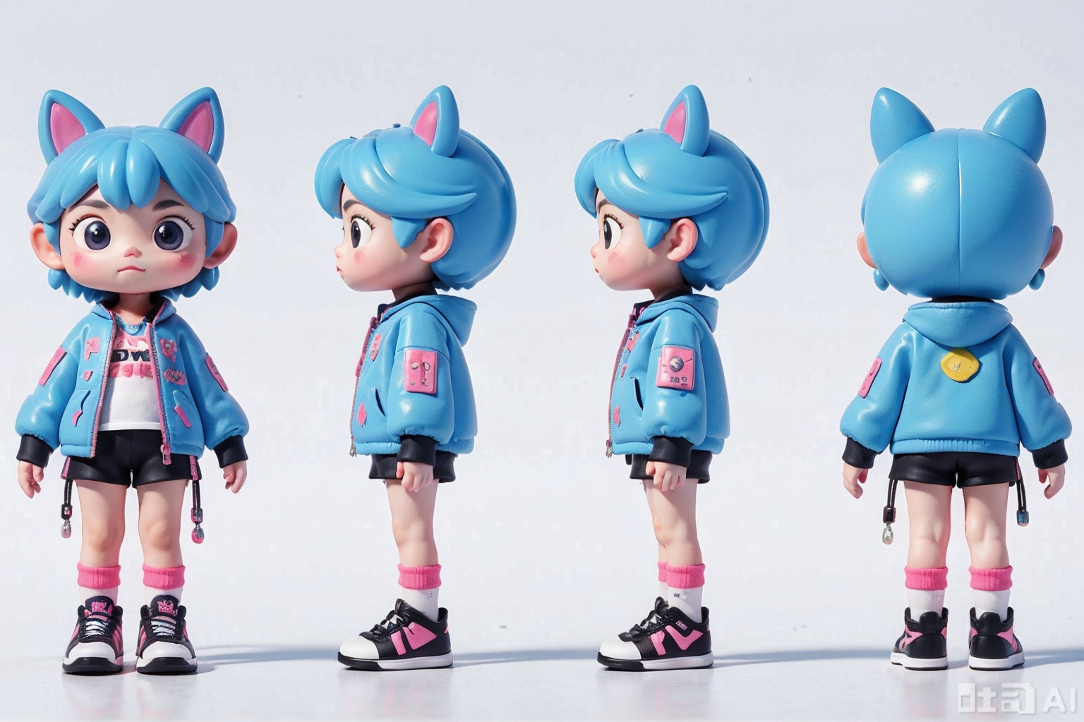 "Vinyl toy design, Kawaii cyberpunk cat character wearing a neon graffiti jacket, oversized head with sparkling resin eyes, mechanical tail with glowing joints, holding a retro game controller. Vibrant electric blue and hot pink color scheme, matte and glossy texture contrast, diamond dust effect on accessories. Clean background in pastel gradient, 3D render style, blind box packaging presentation, centered composition.",sanshitu