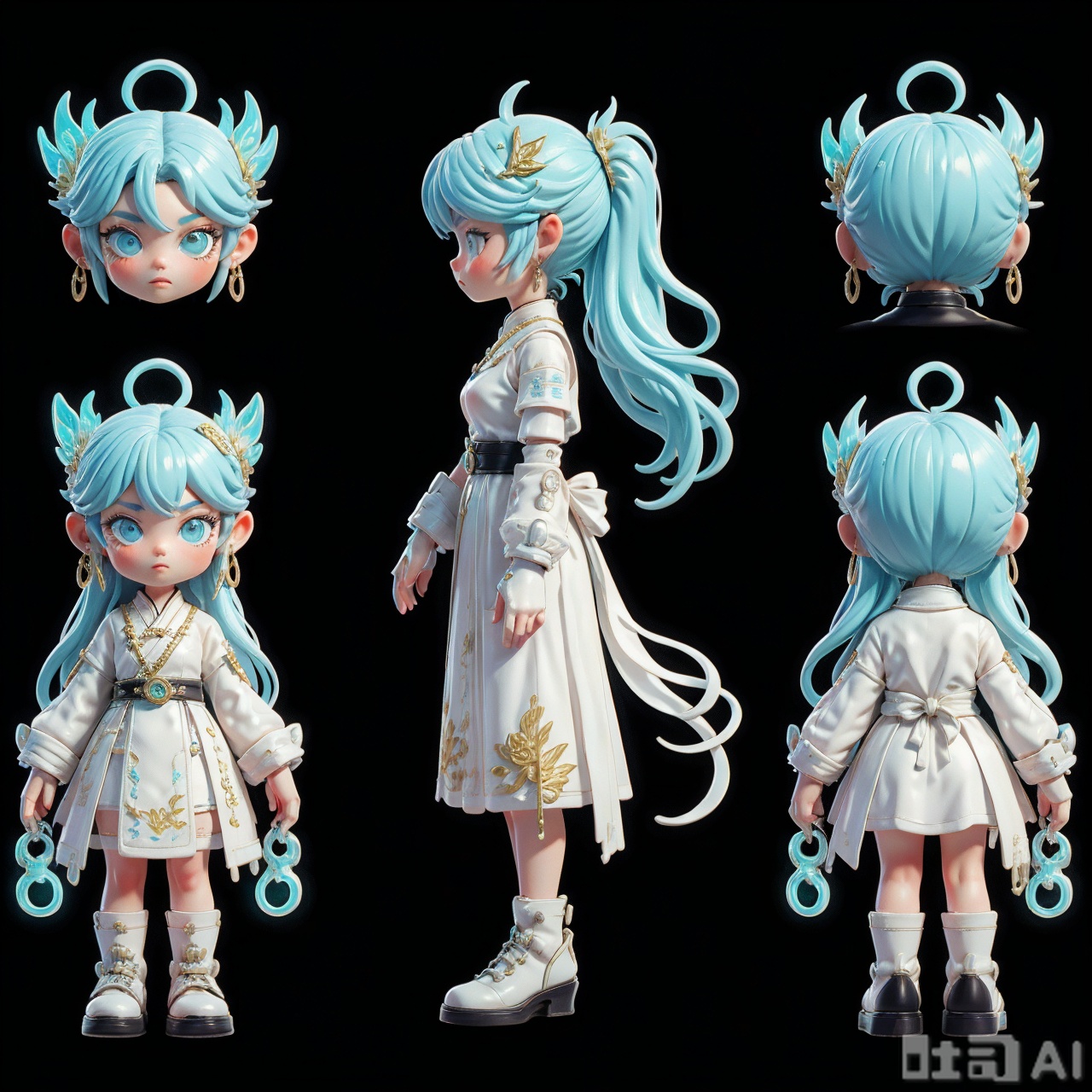 sanshitu,【Cyberpunk Chinese Maid】toy figurine, chibi 3-heads ratio, Tang dynasty ruqun + mechanical arm + neon lightsaber, silk-textured embroidery, blue-and-white porcelain patterned mechanical base, surrounded by auspicious clouds and holographic screens. Cyberpunk neon lighting, futuristic cyan-gold color scheme, finely sculpted resin-ceramic composite material, 8K details, dynamic flowing hair ribbons, background of ink-wash mountains and tech grids, Octane rendering, blind box packaging design, collectible figure texture.  
