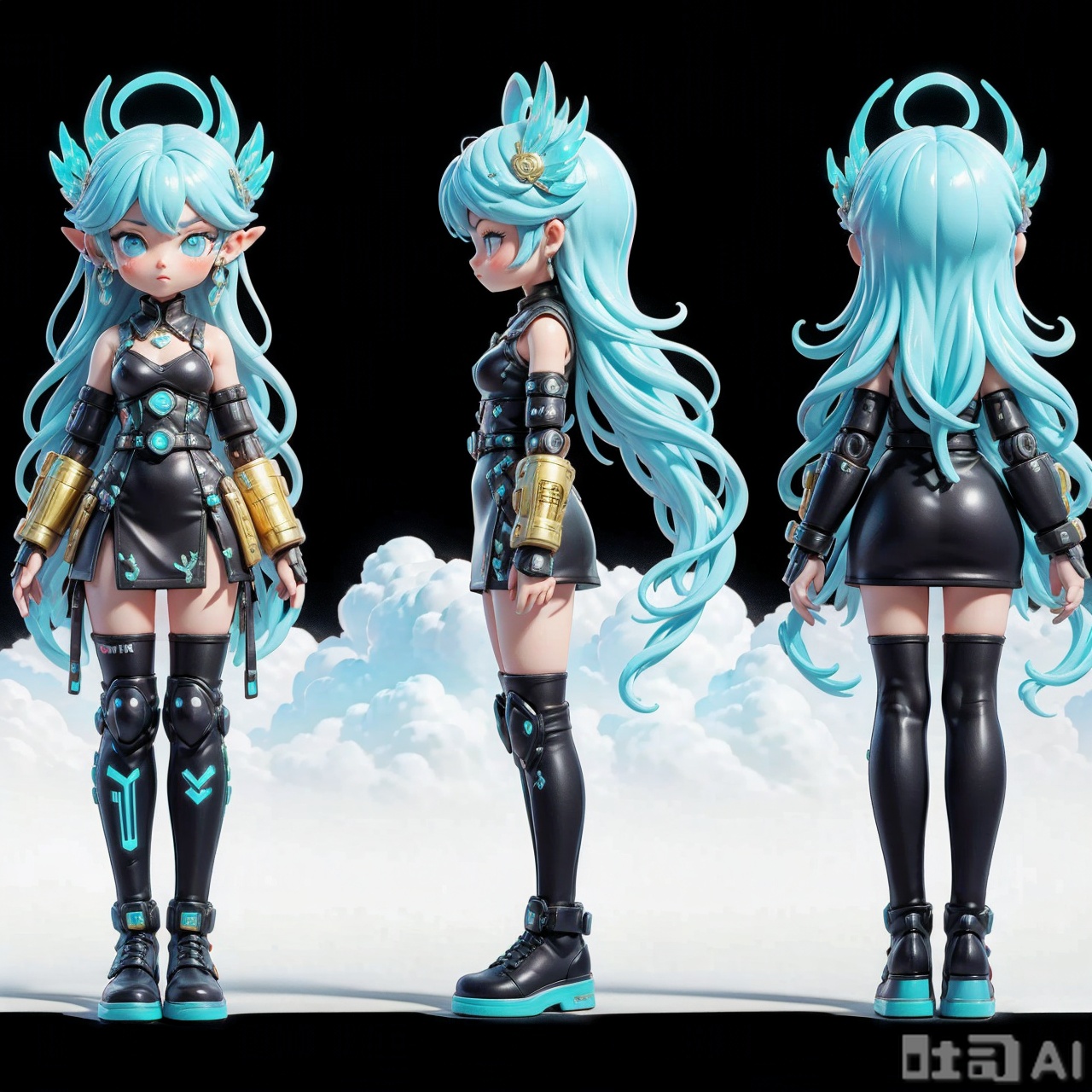 sanshitu,【Cyberpunk Chinese Maid】toy figurine, chibi 3-heads ratio, Tang dynasty ruqun + mechanical arm + neon lightsaber, silk-textured embroidery, blue-and-white porcelain patterned mechanical base, surrounded by auspicious clouds and holographic screens. Cyberpunk neon lighting, futuristic cyan-gold color scheme, finely sculpted resin-ceramic composite material, 8K details, dynamic flowing hair ribbons, background of ink-wash mountains and tech grids, Octane rendering, blind box packaging design, collectible figure texture.  

