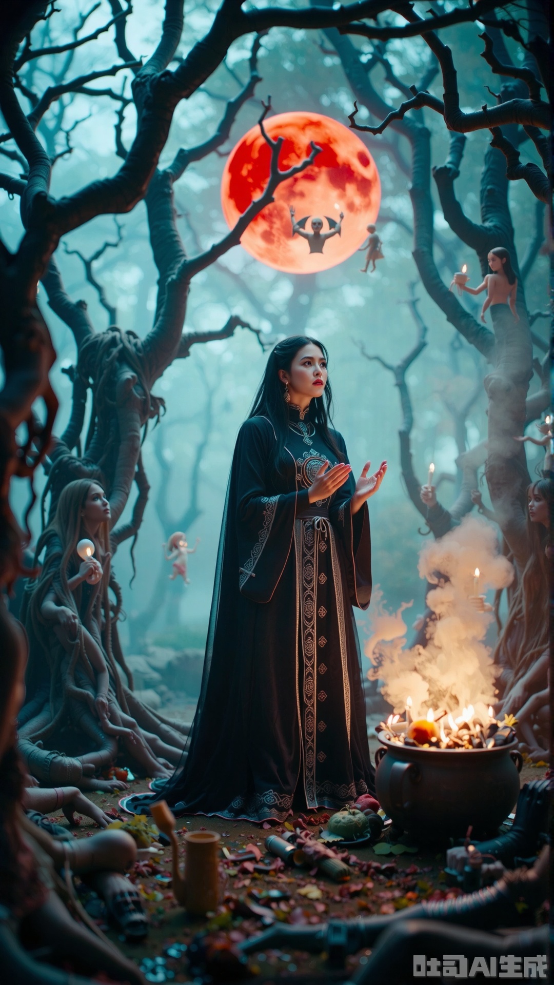 In a haunted forest under a blood - red moon, a witch in a black gothic dress stands beside a bubbling cauldron. The dress is embroidered with arcane symbols in silver thread. Using her magic to create a depth - of - field effect, the gnarled trees and floating spirits blur, spotlighting her as she chants ancient incantations.,vivid color,Oriental Aesthetics